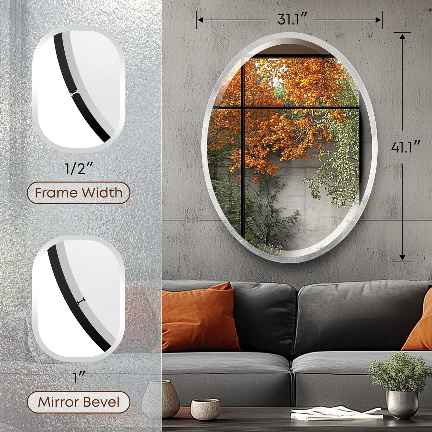 OVALCREST - Oval Wooden Beveled Wall Mirror for Home Decor, Bathroom, Vanity, Bedroom, Living Room, Hallway - London Style (Silver Leaf with Brown Antique) 31.1 x 41.1