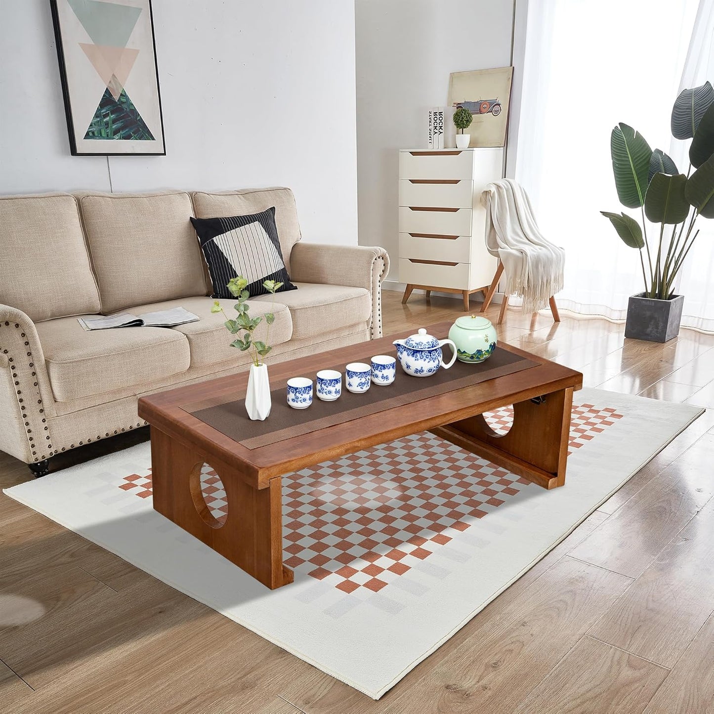 Foldable Japanese Coffee Table，Folding Japanese Floor Table，Natural Brown Coffee Table, Minimalist Tatami Table, Suitable for Living Room,Dining Room, Etc. (Natural Brown, 39.4″x19.7″x11.8″)