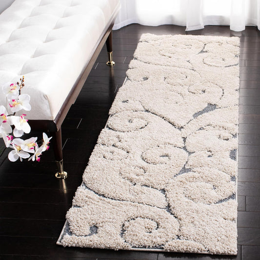 Safavieh Florida Shag Collection Runner Rug - 2'3" x 8', Beige & Blue Grey, Scroll Design, Non-Shedding & Easy Care, 1.2-inch Thick Ideal for High Traffic Areas in Living Room, Bedroom (SG455-1155)