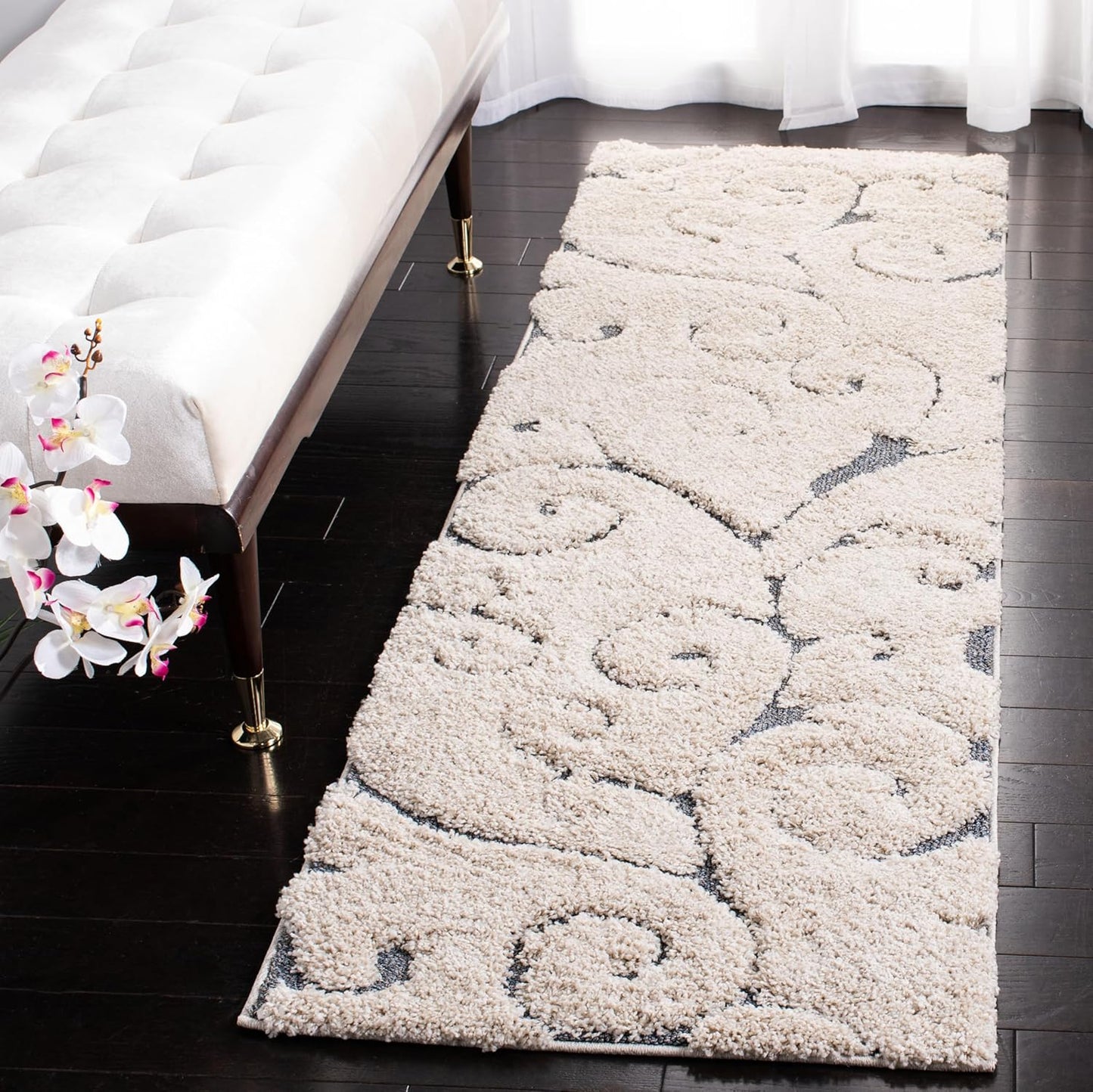 SAFAVIEH Florida Shag Collection Runner Rug - 2'3" x 21', Beige & Blue Grey, Scroll Design, Non-Shedding & Easy Care, 1.2-inch Thick Ideal for High Traffic Areas in Living Room, Bedroom (SG455-1155)
