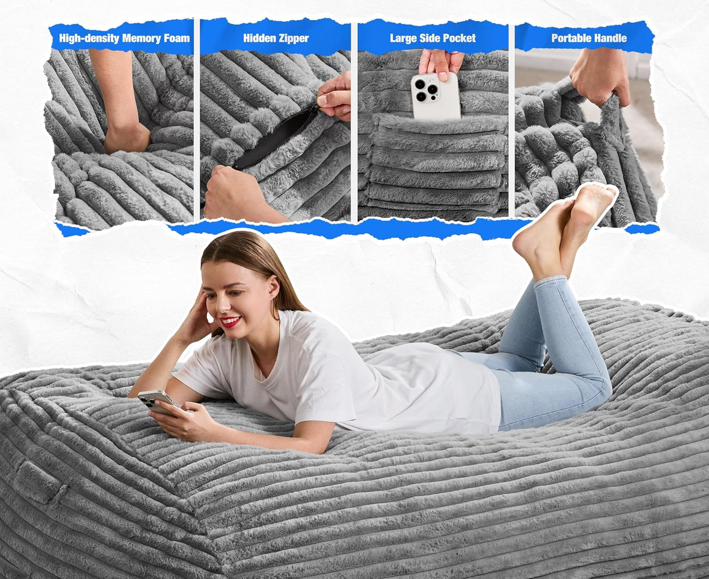 Hobestluk 6FT Bean Bag Chairs Adult Bean Bag with Portable Handle Comfy Large Bean Bag Lounge Chair with Removable Cover for Living Room Bedroom (Stripe Grey, 6FT)