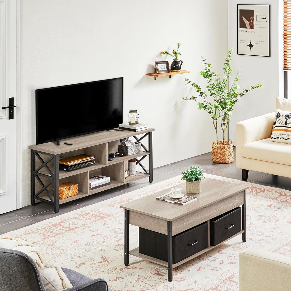 Yaheetech TV Stand for TVs up to 65 Inch, Industrial Entertainment Center with Storage Compartments, Media TV Console for Living Room, Gray