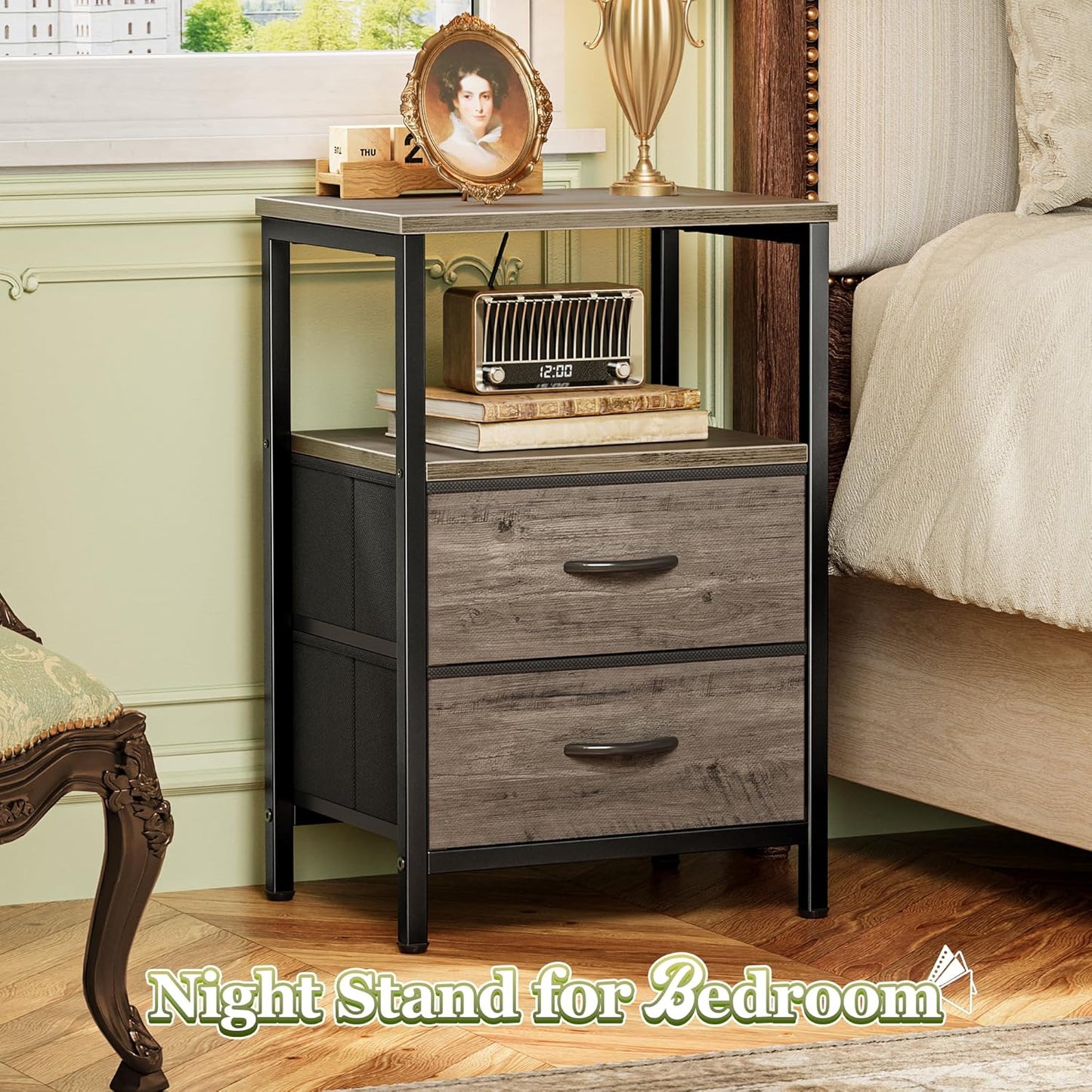 Huuger Night Stand Set of 2, Nightstand with 2 Drawers, Bed Side Table with Open Shelf, Wooden Top, End Table, Fabric Drawer with Oak Wooden Print Surface, for Bedroom