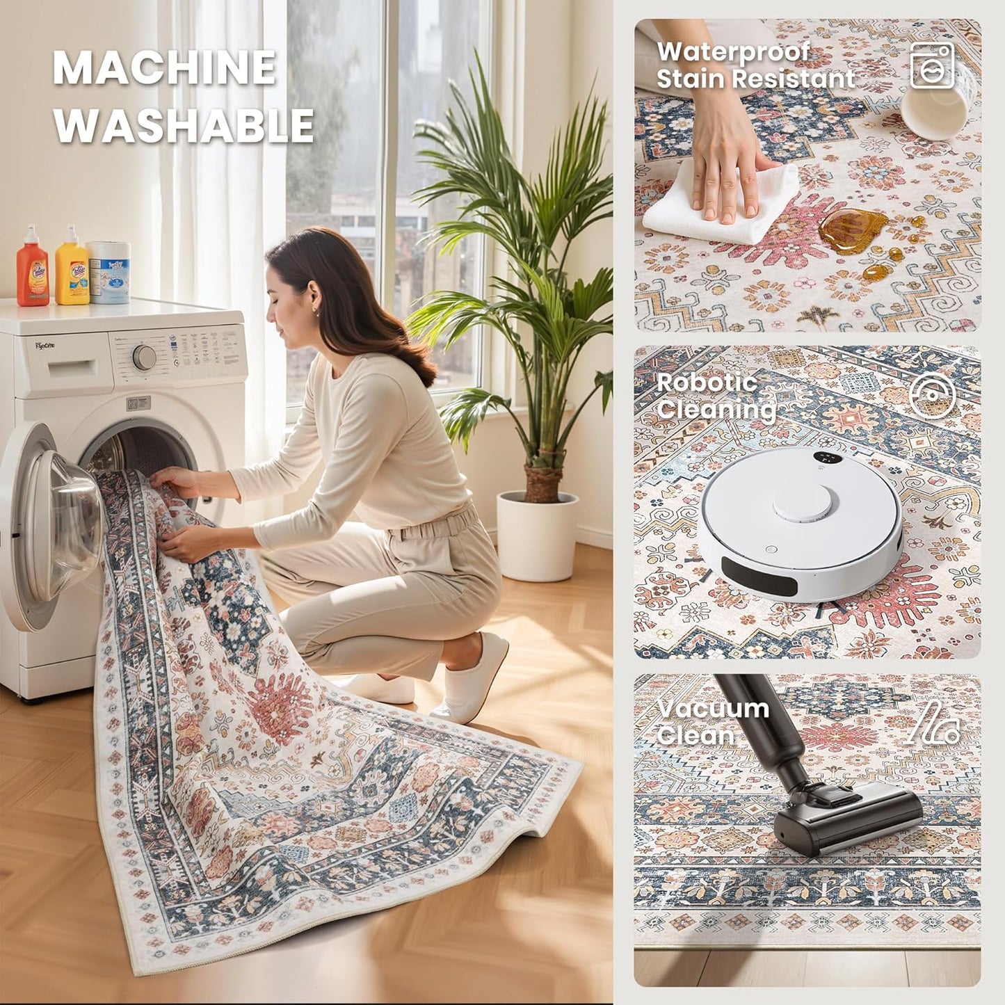 zesthome 5x7 Area Rugs - Ultra-Thin Washble Rug, Stain Resistant Anti Slip Backing Rugs for Living Room,Bedroom, Vintage Home Decor Area Rug (Multi,5'x7')