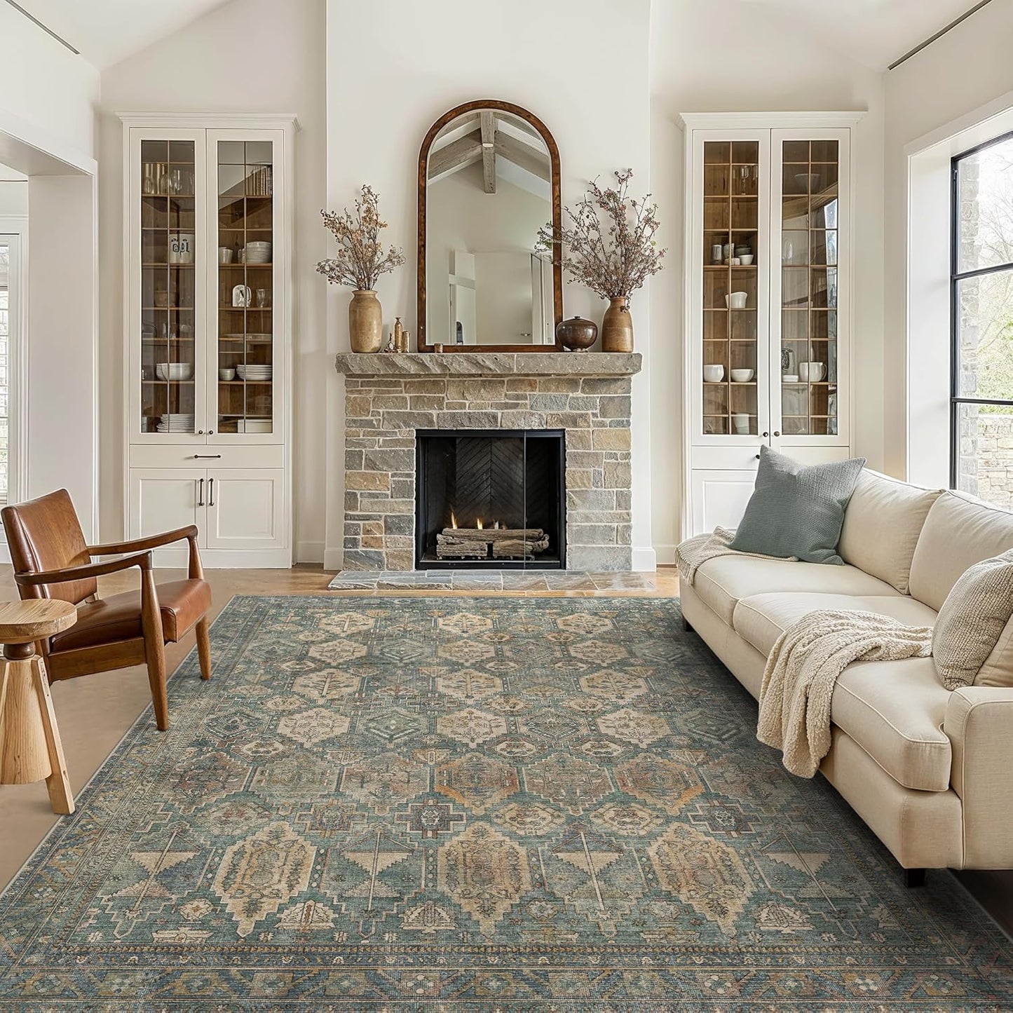 GENIMO 8x10 Area Rugs for Living Room, Machine Washable Non Slip Vintage Rugs, Low Pile Lightweight Chenille Print Rug for Bedroom, Dining Room, Home Office, Sage Teal