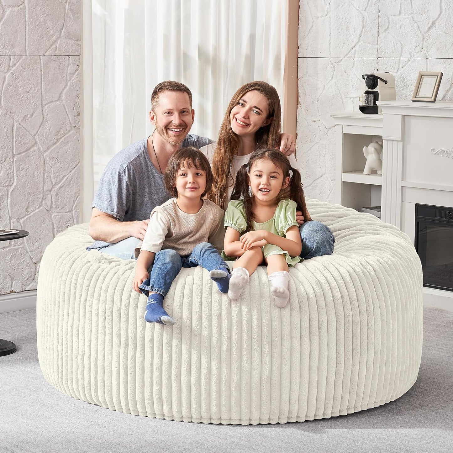 HABUTWAY 4FT Bean Bag Chair, 4' Large Bean Bag Chairs for Adults with Removable Stripe Plush Cover, Memory Foam Beanbag Chair for Living Room Bedroom Dorm (White)