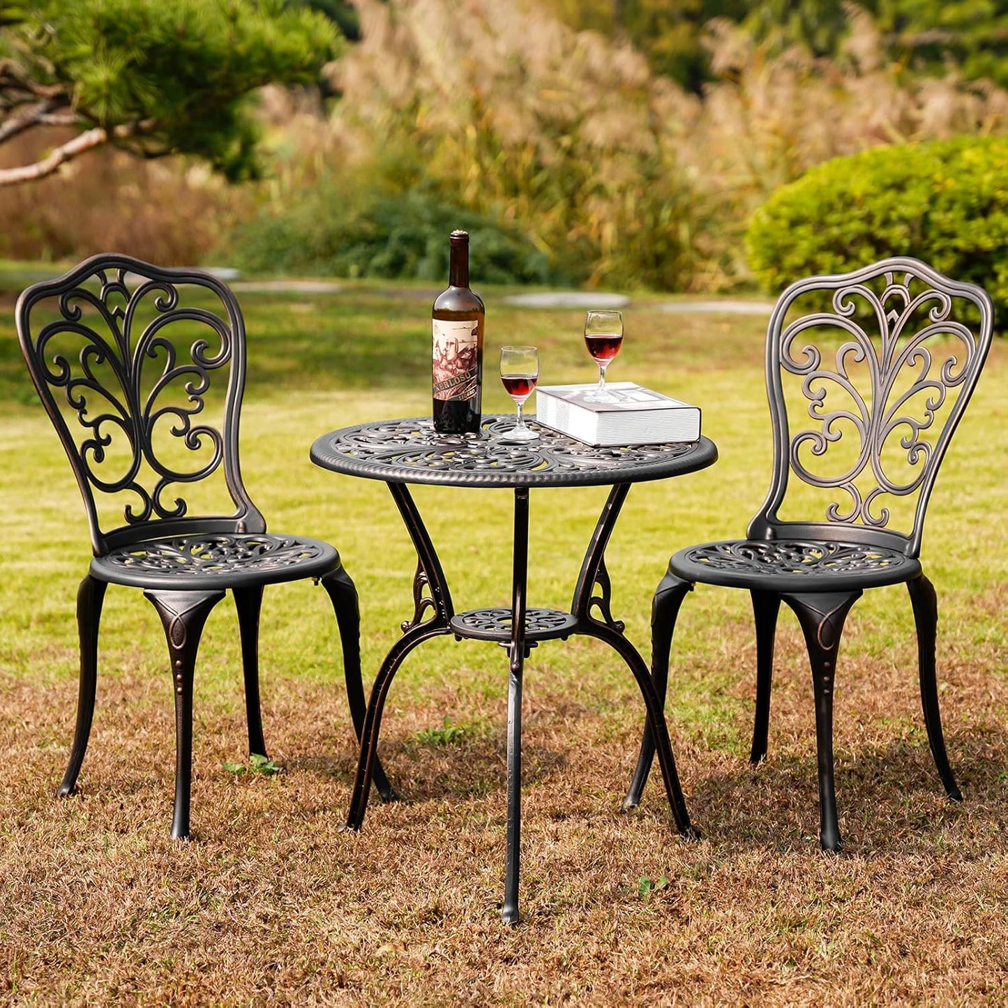 Outdoor Bistro Set 3 Piece Patio Bistro Set with Umbrella Hole, Weather Resistant Bistro Table and Chairs Set of 2 for Porch Garden, Bronze