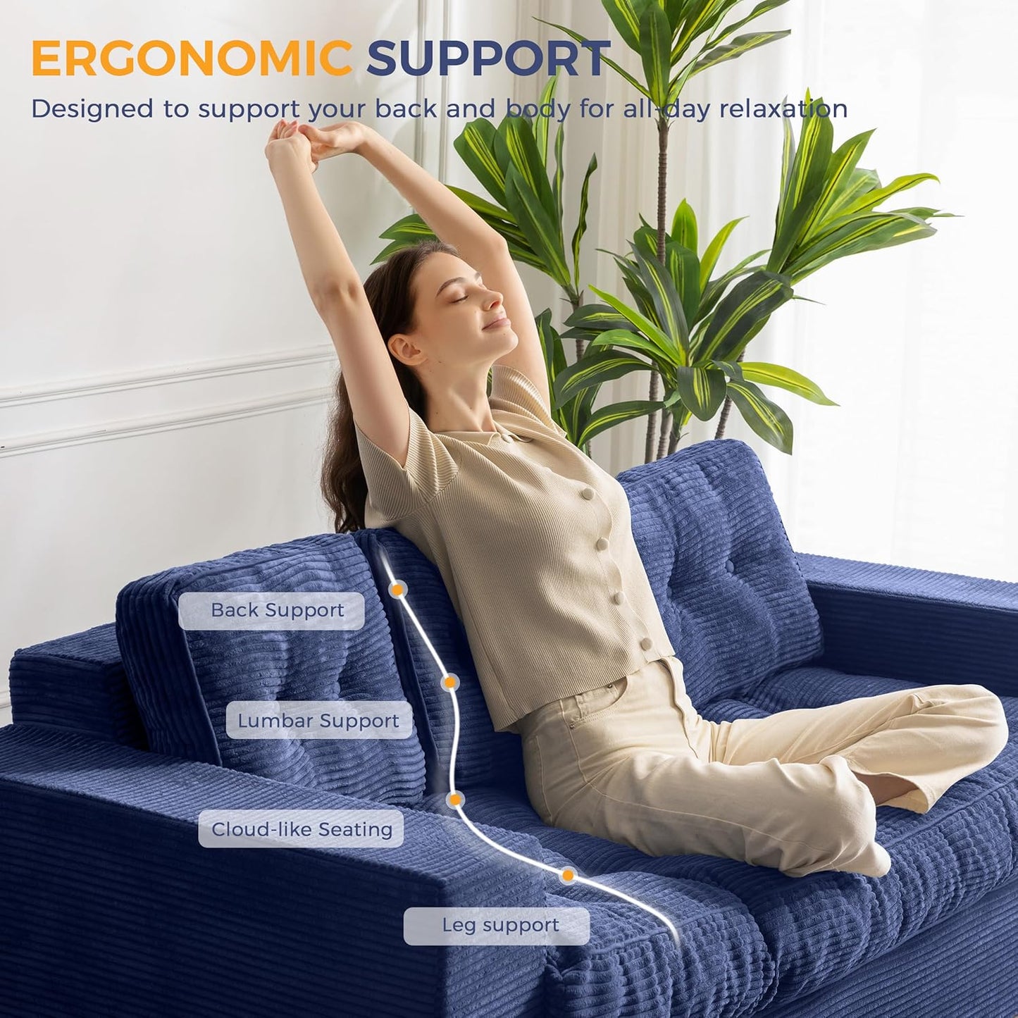 MAXYOYO 3 Seater Couch for Living Room, Boneless Couch with Tufted Cushion & Backrest, Upholstered Floor Sofa with Armrests, Sofa in A Box, No Assembly Required, Navy