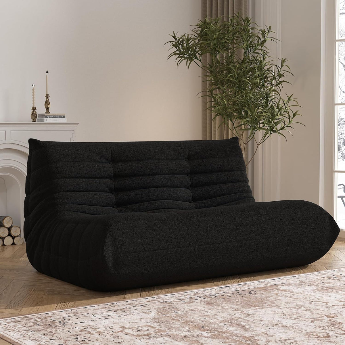 Bean Bag Chair, Loveseat Fireside Chair Bean Bag Sofa Large Bean Bag Chair for Adults, 2 Seater Bean Bag Chairs for Teens with High Density Comfortable Foam, Bean Bag for Living Room, Bedroom (Black)