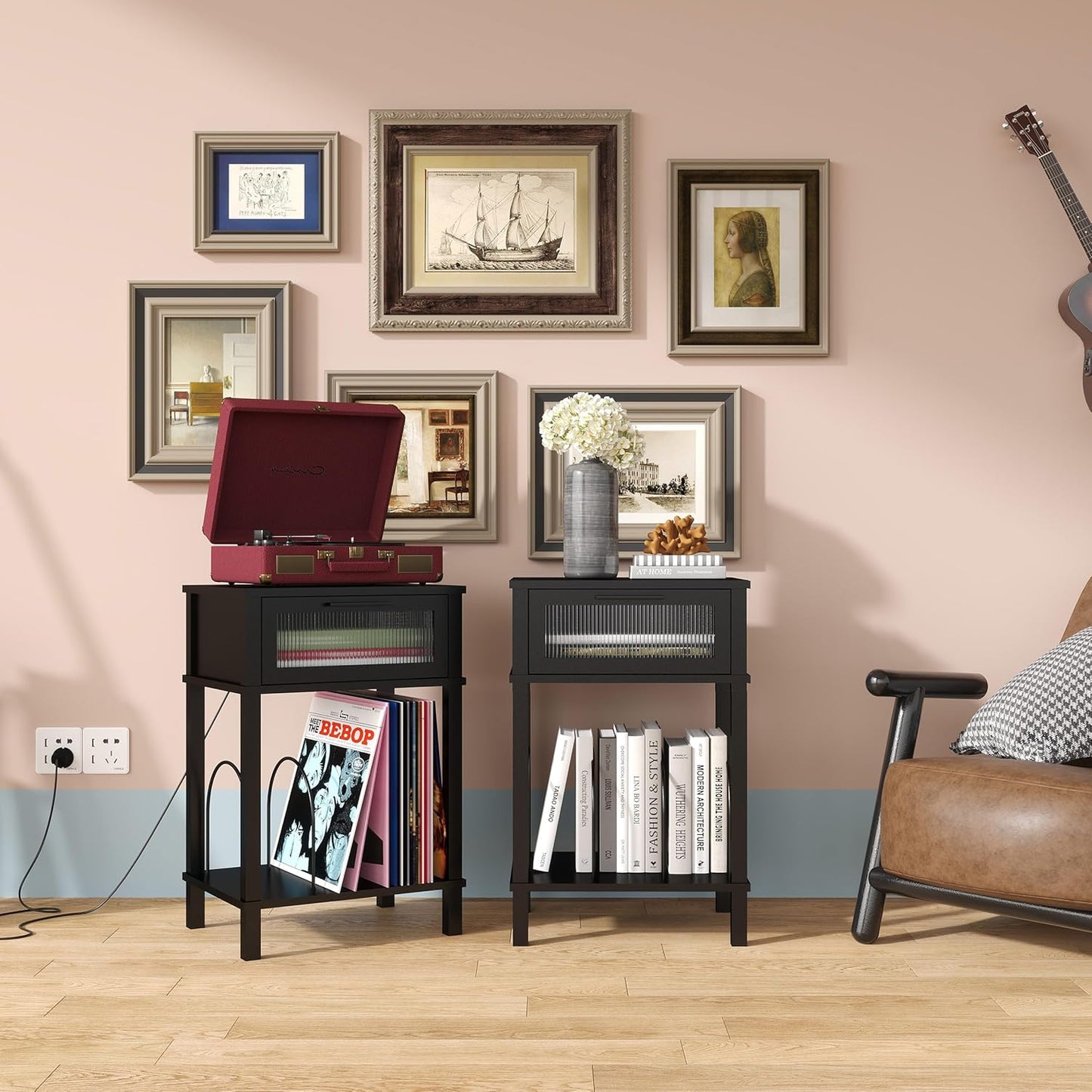 End Table with Record Player Stand, Side Table with Storage, 2-Tier Nightstand with Drawer and Record Holder, Modern Black Bedside Table for Living Room Bedroom MLBZ18B