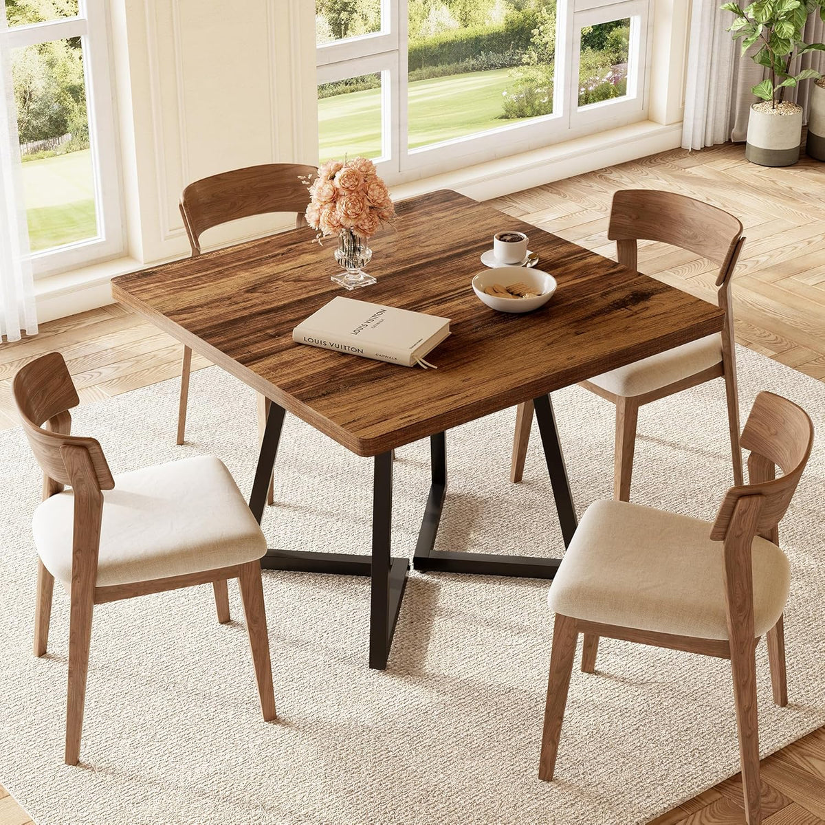 LITTLE TREE 31.5 Inches Small Dining Table for 4, Square Dinner Table for Small Space, Dining Room Tables, Rustic Brown Wooden Kitchen Table with Metal Legs, Modern Leisure Cafe Table for Apartment