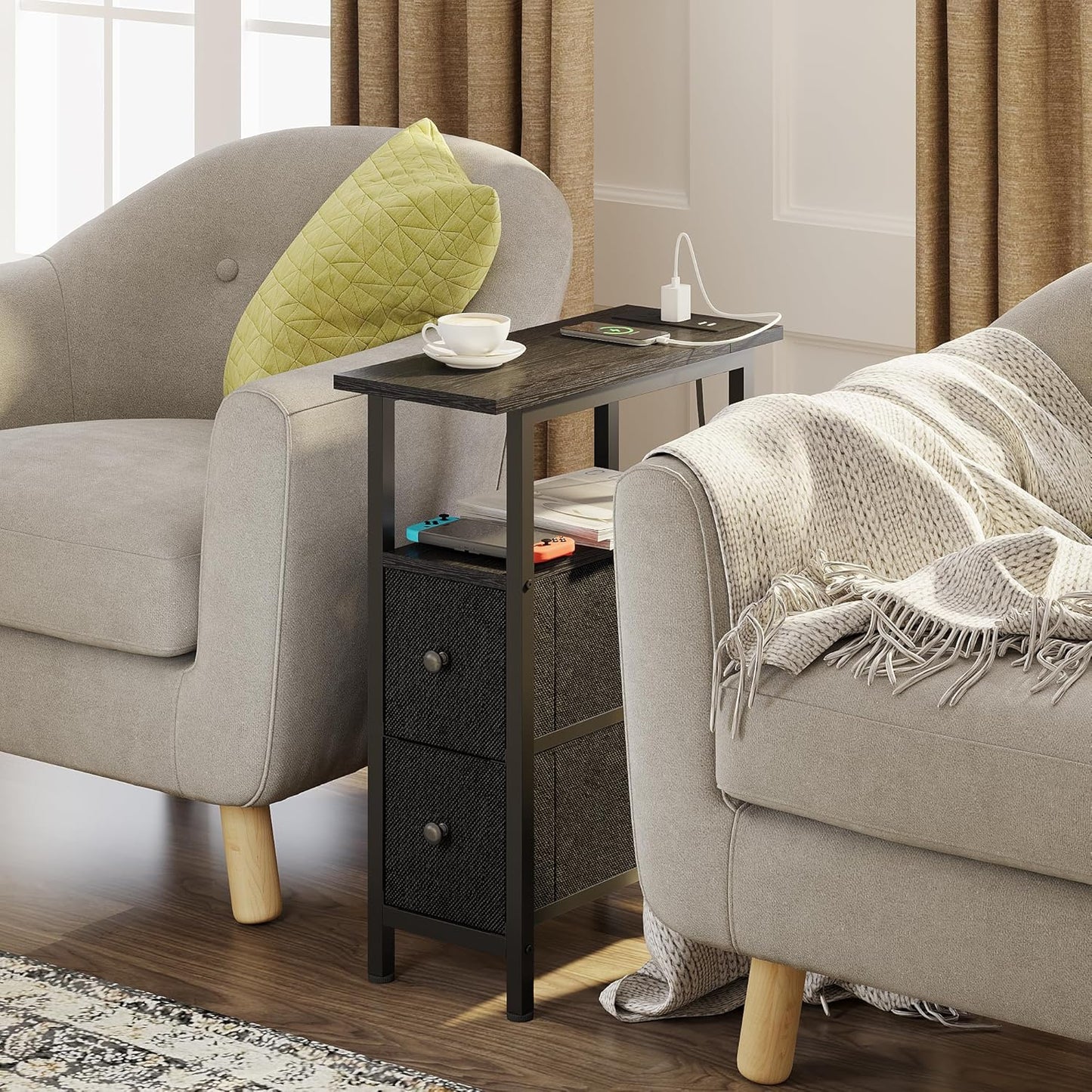 End Table with Charging Station, Narrow Side Table with 2 Fabric Drawers, Skinny Nightstand with LED Light, Slim Bedside Table for Bedroom, Living Room, Small Spaces, Black