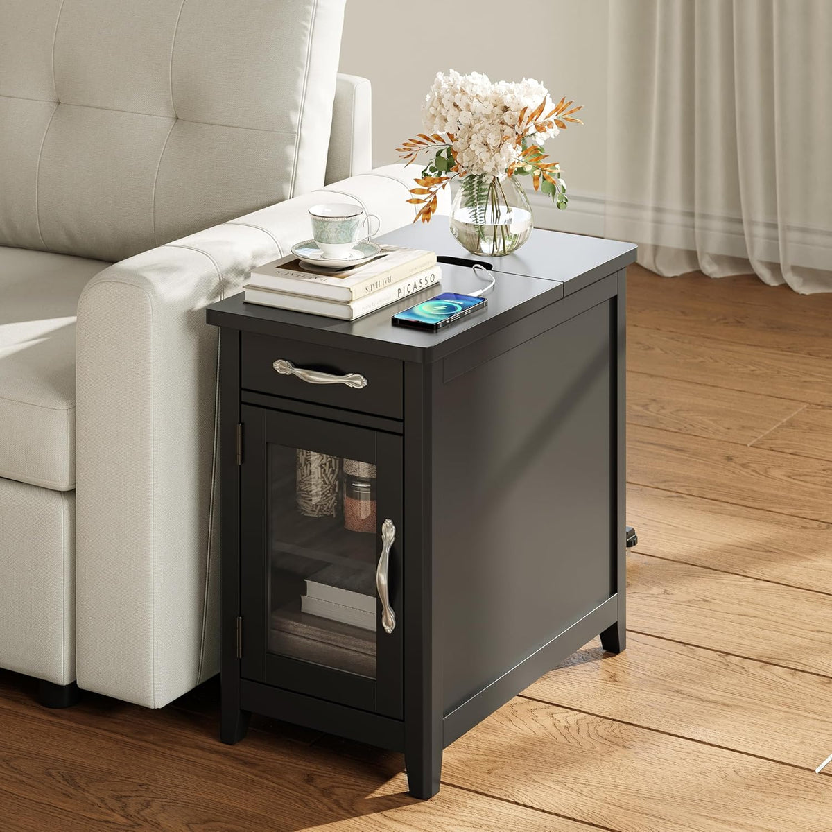LINSY HOME End Table Set of 2 with Charging Station, Modern Farmhouse Side Table with Drawer, Wooden Narrow Bedside Table for Living Room, Slim Nightstand with Storage Cabinet, Black, Glass Door