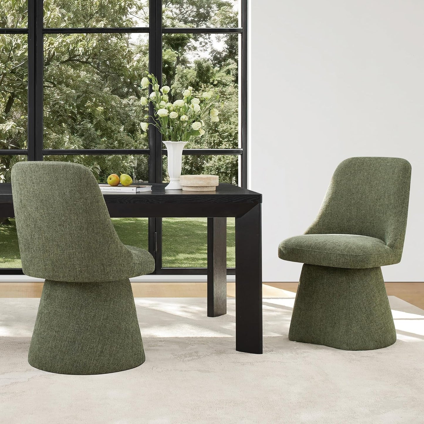 Swivel Dining Chair Mid Century Modern DeskChair High Back Upholstered Linen Fabric SideChair for Kitchen Diningroom Bedroom,Moss Green,2 Box
