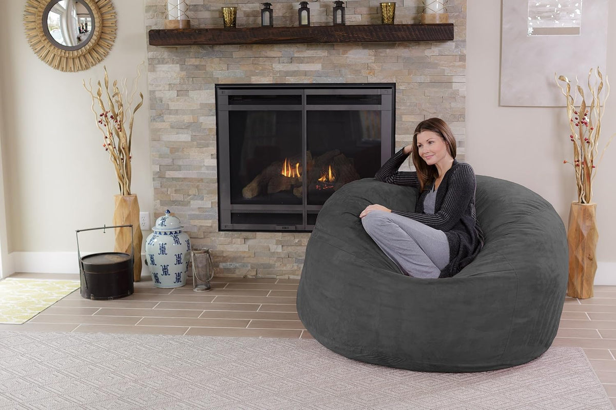 Chill Sack Bean Bag Chair - 5' Giant Memory Foam Lounge Chair with Soft Microfiber Cover – Cozy Furniture for Living Room, Dorm, & Kids' Rooms – Comfortable 5 Ft, Microsuede Lounge Sofa, Charcoal