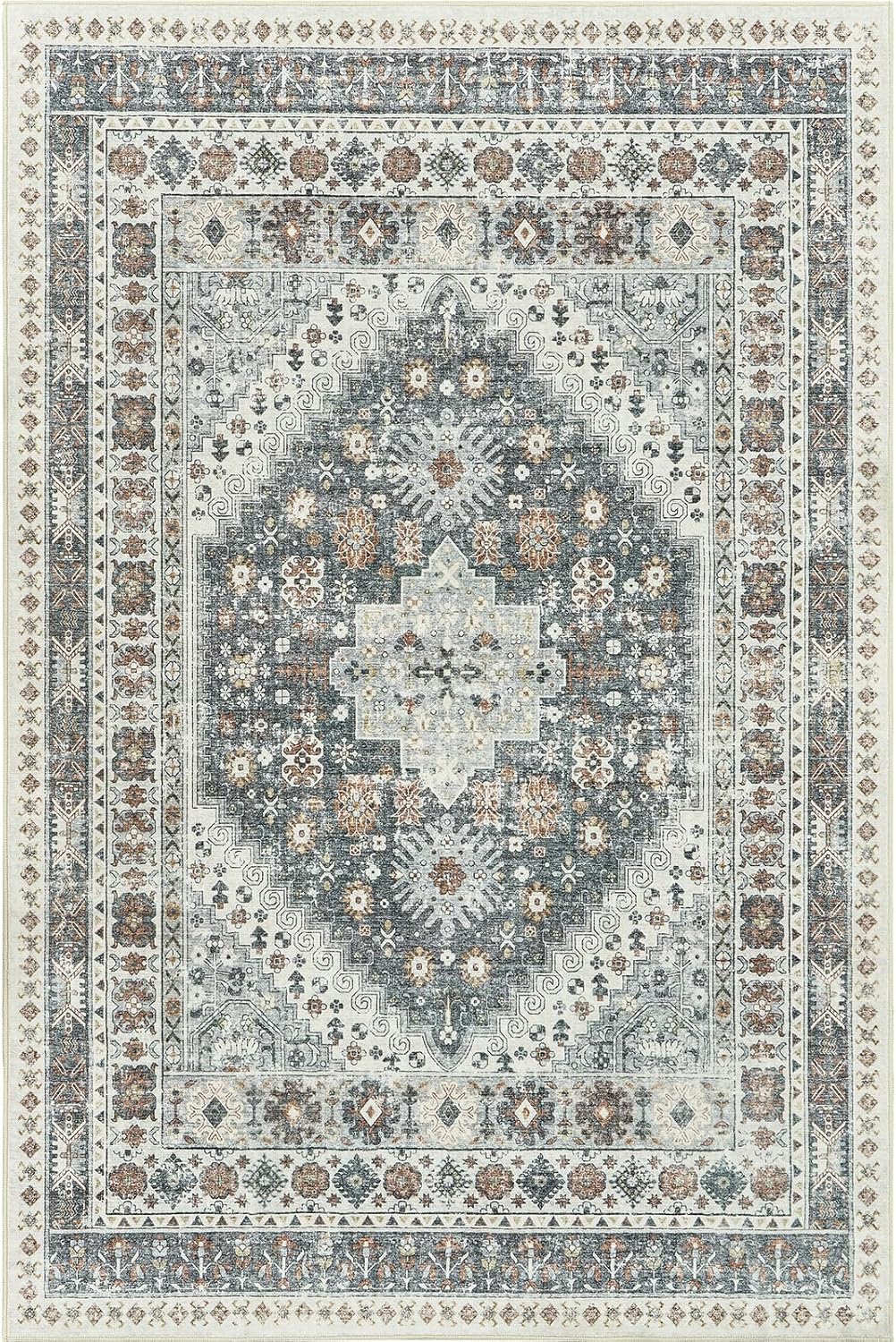 zesthome 5x7 Area Rugs - Ultra-Thin Washble Rug, Stain Resistant Anti Slip Backing Rugs for Living Room,Bedroom, Vintage Home Decor Area Rug (Grey/Orange,5'x7')