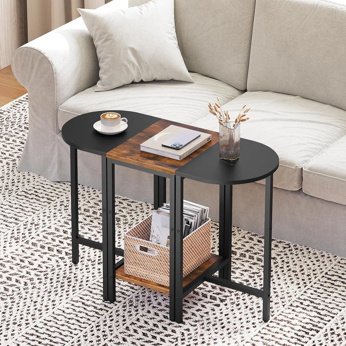 Small Side End Table, Nesting Side Table for Living Room, 2-Tier Nesting Side Table for Small Space, Wooden Sofe Tables Set of 3, Half Round End Table for Couch, Office, Brown and Black ET33BR