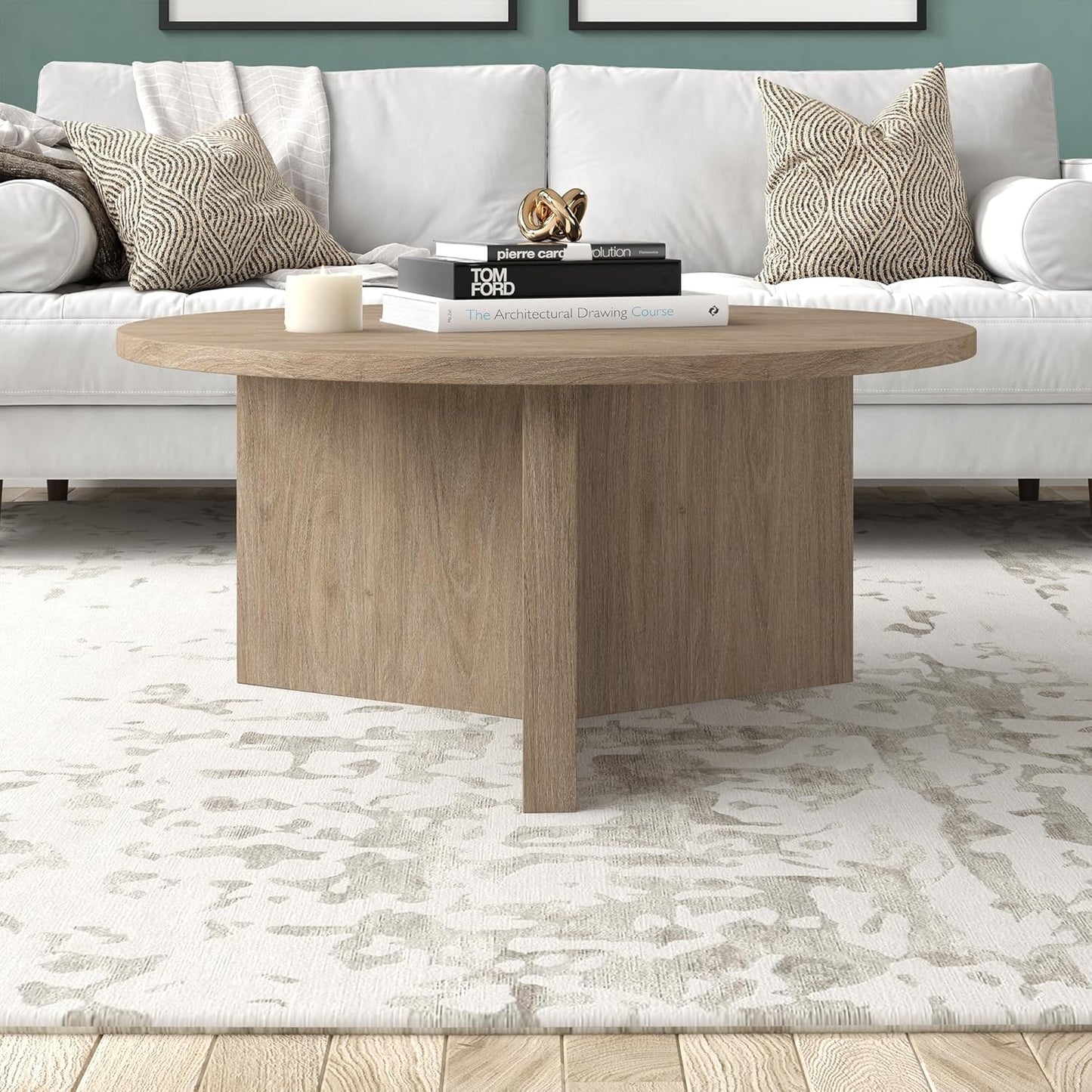 Henn&Hart 36" Round Wood Pedestal Coffee Table for Living Room, Family Room, Office, or Apartment, Antiqued Gray Oak