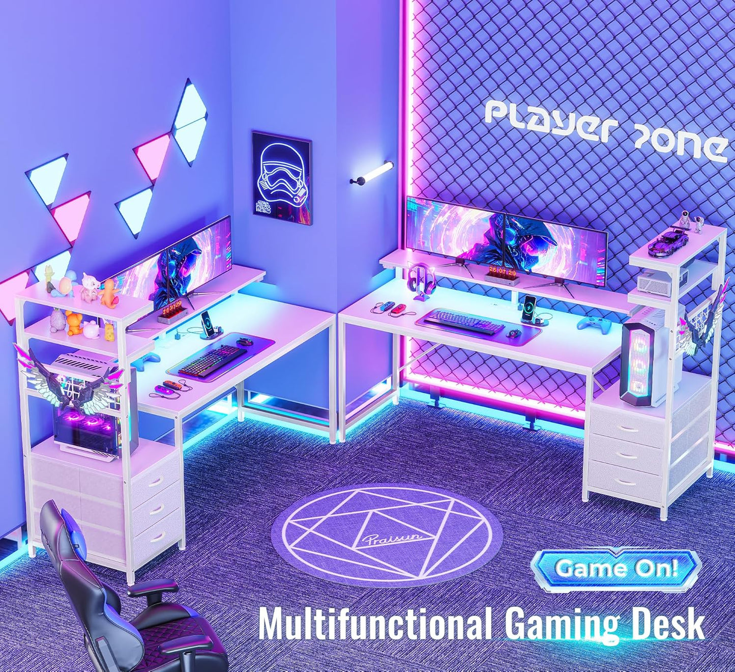 PRAISUN 61.7" Gaming Desk with LED Lights & Outlets, Computer Desk with 3 Fabric Drawers, PC Desk with PC Case Stand & Movable Storage Shelves, Monitor Stand, Reversible, White