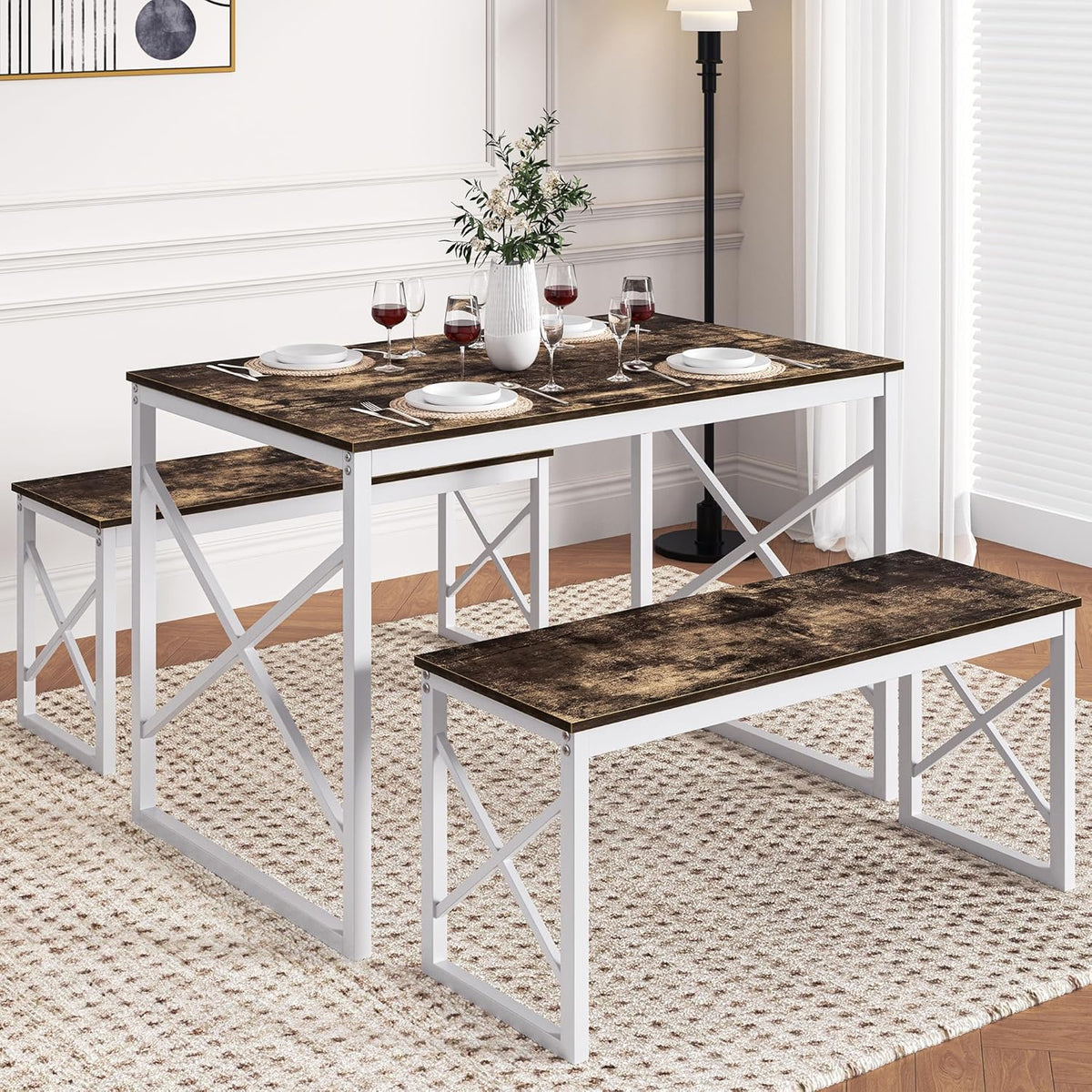 VECELO Kitchen Table with 2 Benches for 4, 43.3'' Wood Dining Room Dinette Sets with Metal Frame for Breakfast Nook and Small Space, Dark Brown