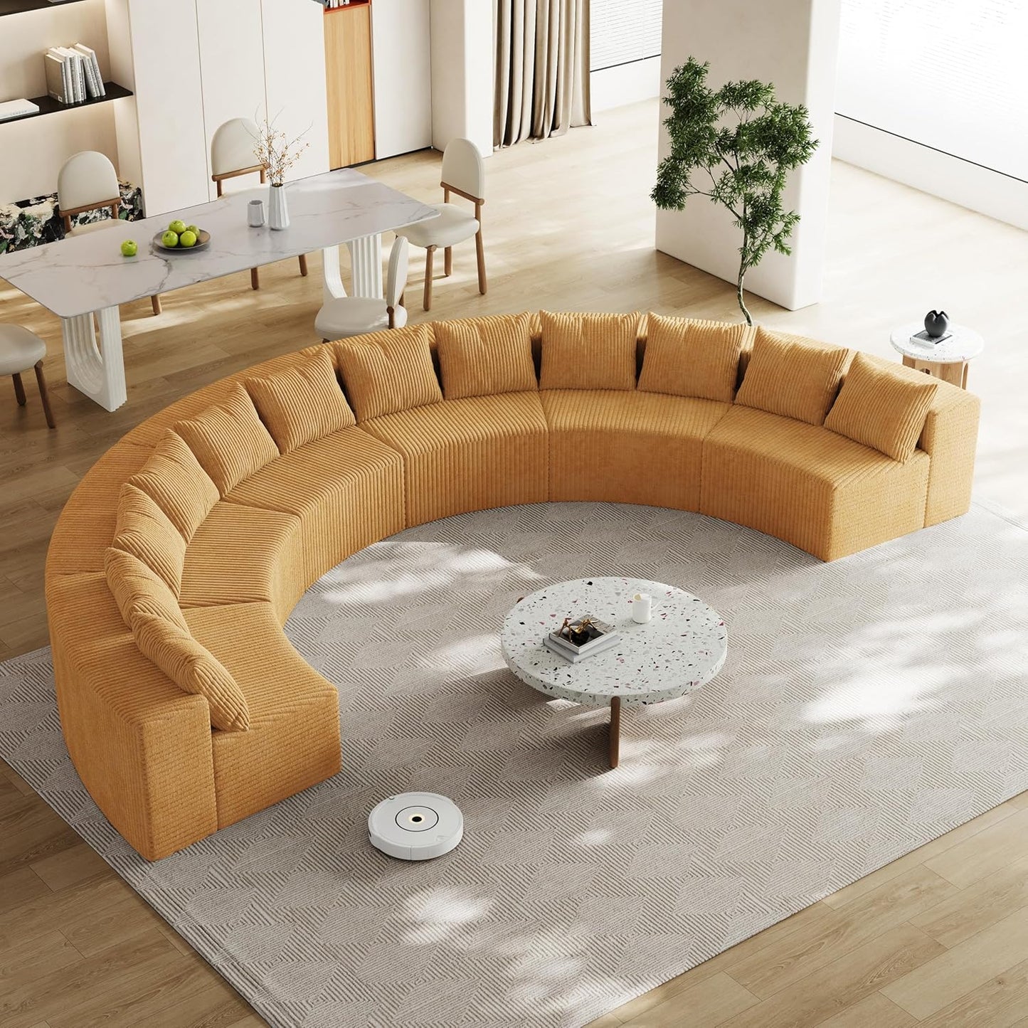 KEIKI Corduroy Curved Sectional Sofa, 6 Seater Symmetrical Modular Semi Circular Couch, Deep Seat Tufted Corner Sofa for Living Room, Lobby, Yellow