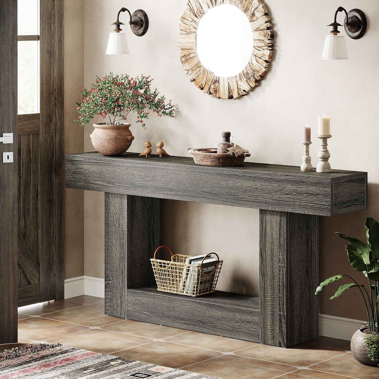 Tribesigns 63" Console Table, Farmhouse 2-Tier Entryway Table with U-Shaped Base, Narrow Long Wood Sofa Table Behind Couch Table for Living Room, Hallway, Foyer, Dark Gray