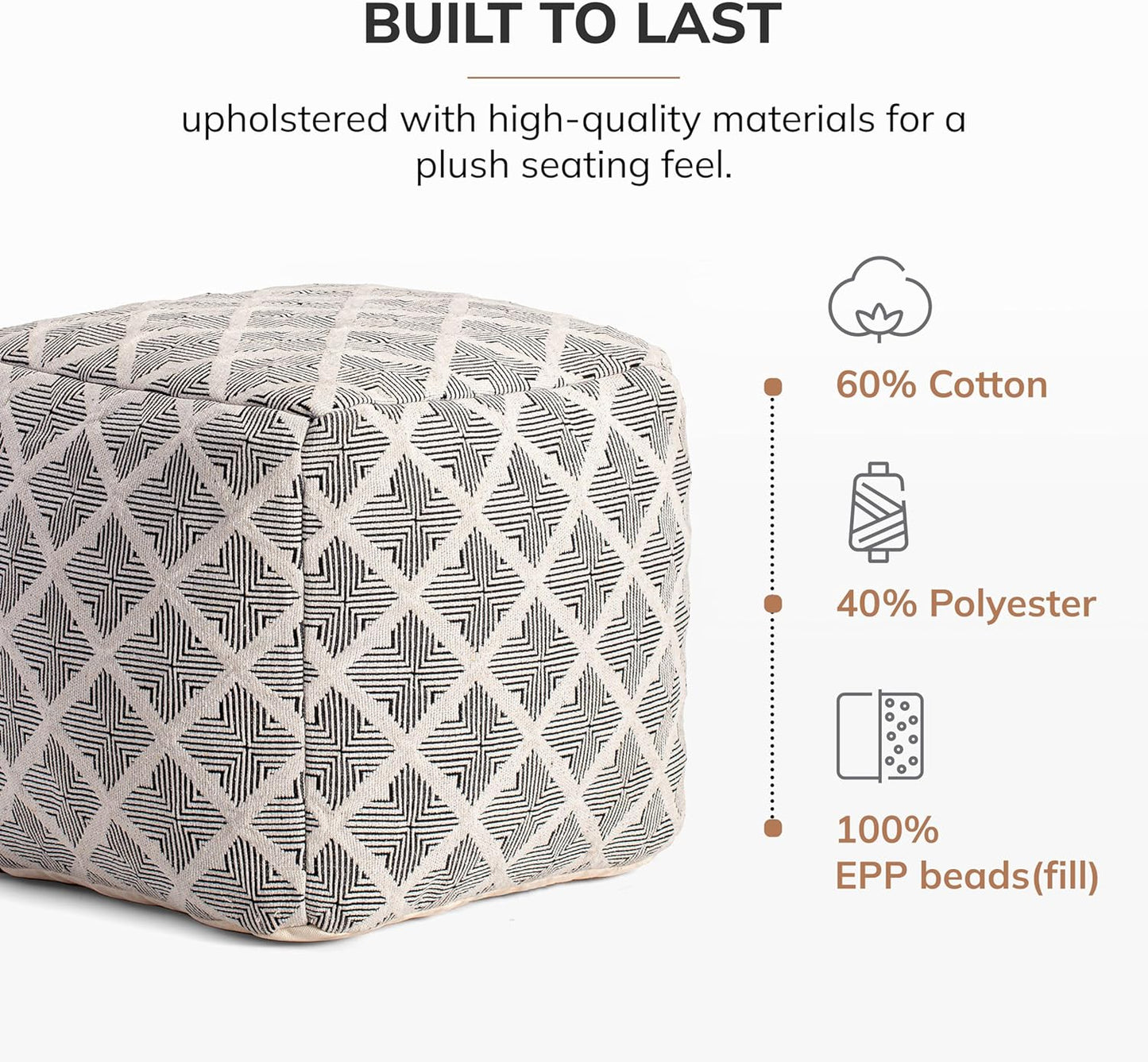 Anji Mountain 100% Handmade & Handcrafted Comfortable Home Décor Pouf Ottoman Footrest for Living Room, Bedroom, Nursery, Kidsroom, Patio Furniture - (20" x 20" x 20"- Black,Ivory)