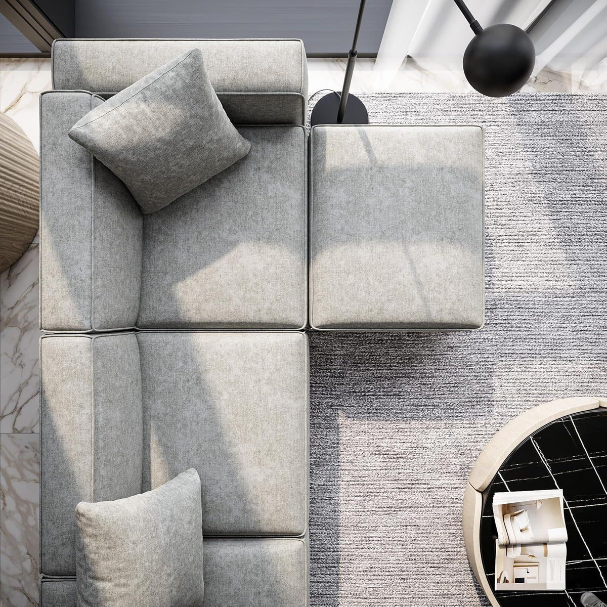 Acanva Luxury Modular Sectional Couch with Moveable Ottoman and Chaise, Modern Minimalist Style Sofa for Living Room, Apartments, U-Shape, Chenille Grey