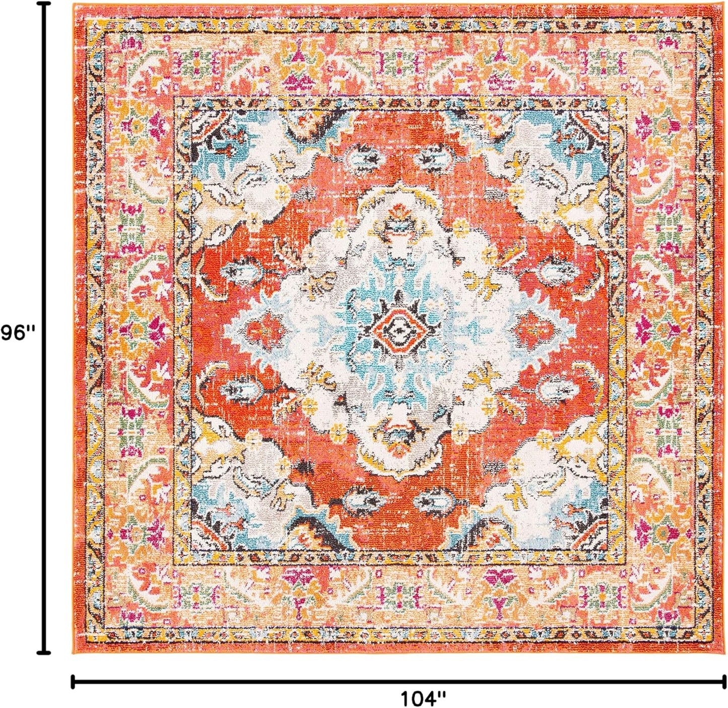 SAFAVIEH Monaco Collection Area Rug - 8'8" Square, Orange & Light Blue, Boho Chic Medallion Distressed Design, Non-Shedding & Easy Care, Ideal for High Traffic Areas in Living Room, Bedroom (MNC243H)