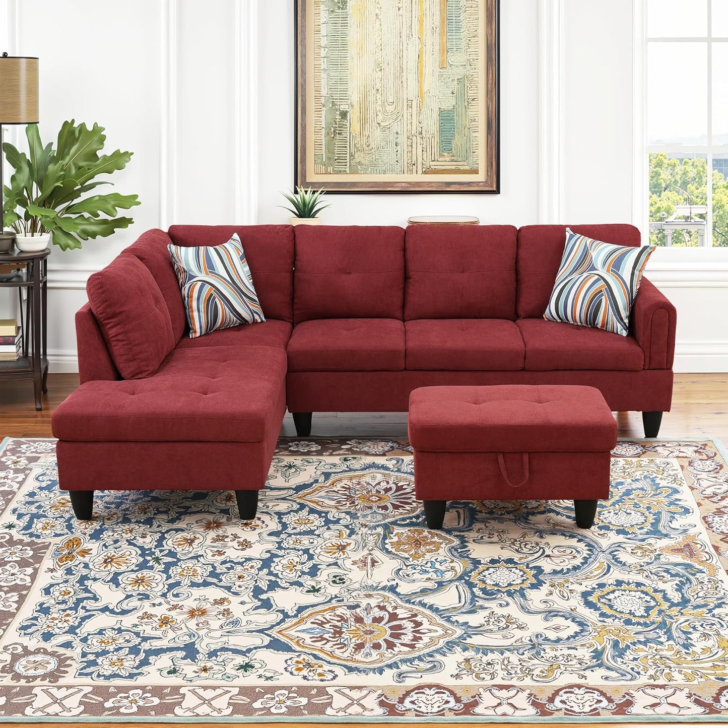 Osparple L Shaped Couch Sectional Couches for Living Room Upholstered Fluffy Fabric 3 Pieces Modular Sectional Sofa with Chaise, Ottoman with Storage for Living Room and Small Apartment, Red