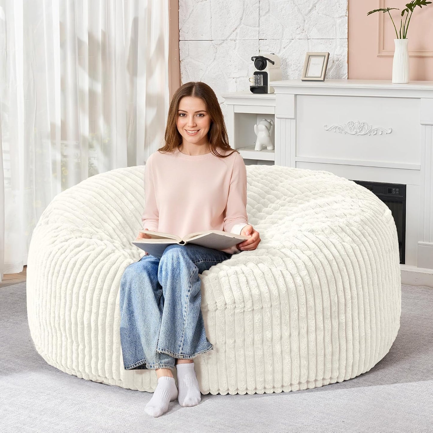 HABUTWAY 5FT Bean Bag Chair, 5' Large Bean Bag Chairs for Adults with Removable Stripe Plush Cover, Memory Foam Beanbag Chair for Living Room Bedroom Dorm (White)