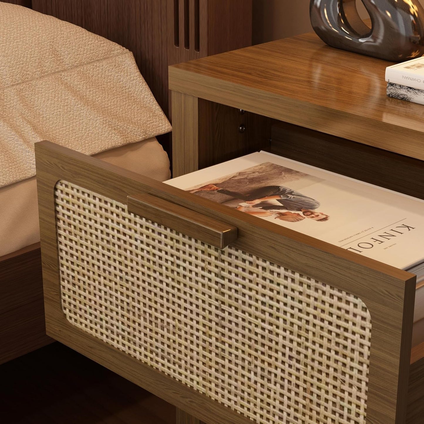 Rattan Nightstand, Mid Century Modern Bedside Table with Opening Storage,Large Side Table with Drawer,Boho Night Stand,Wooden End Table,Handmade Solid Wood Handle,Walnut CTG65BR