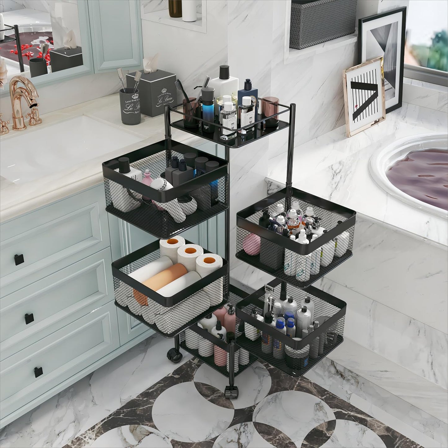 Fruit and Vegetable Basket for Kitchen No Assembly， Rotating Storage Rack,Bathroom Storage Shelf, Kitchen Organizers and Storage Cart on Rolling Wheels(Black, 5 Tier-Square)