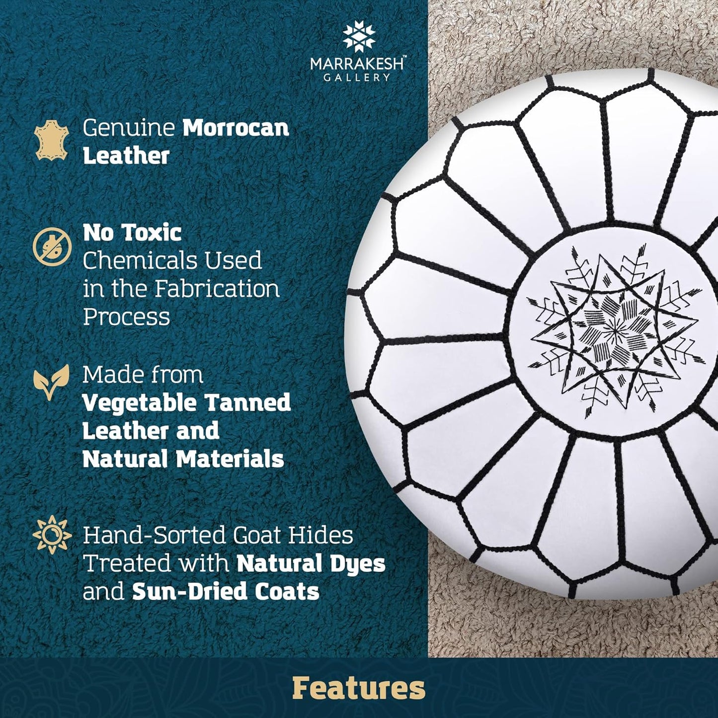 Marrakesh Gallery Genuine Leather Round Pouf Unstuffed - Moroccan Ottoman Footstool, Footrest Cover - Boho Decor - Bohemian Living Room, Bedroom, Kids Room, Gift & Wedding