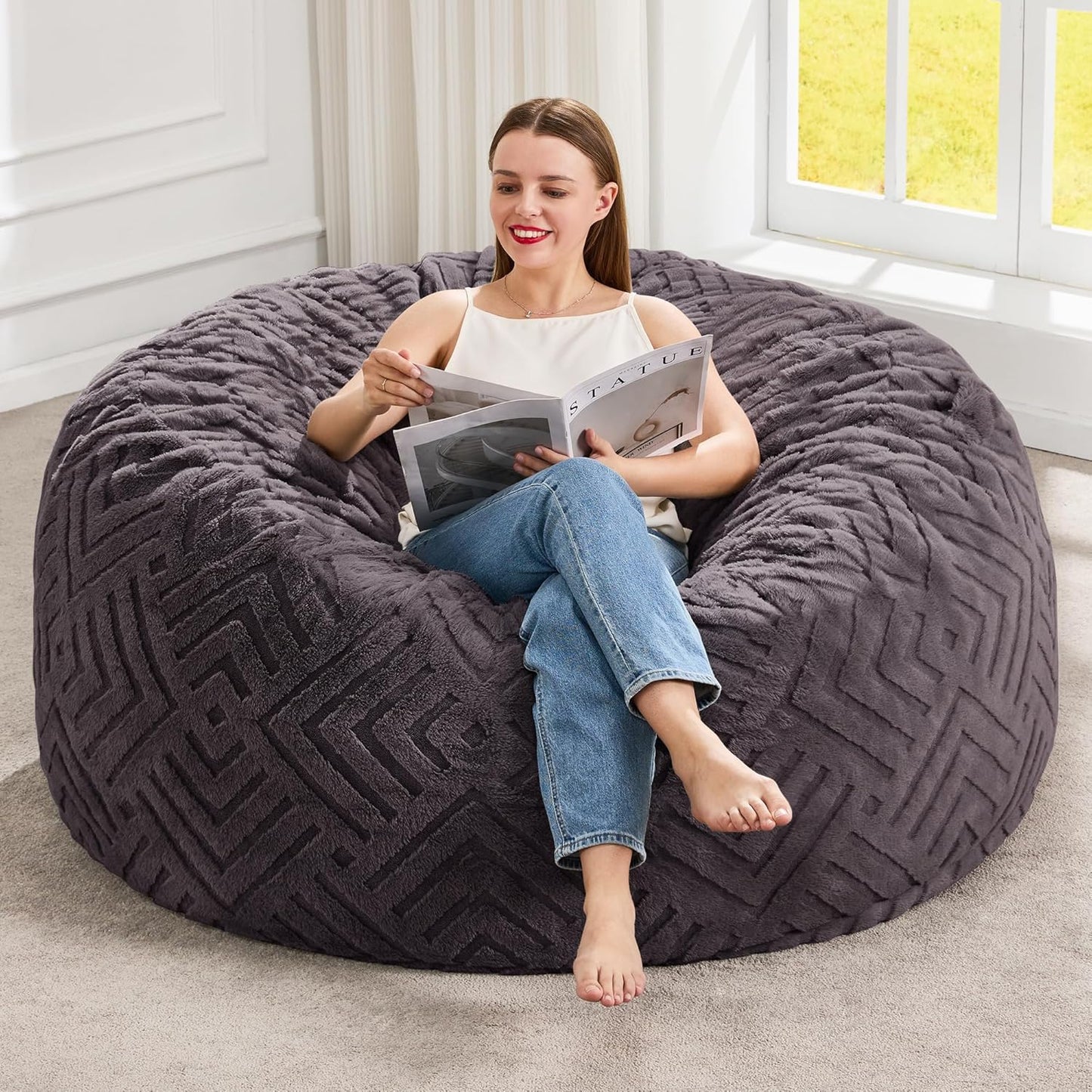 Hobestluk Bean Bag Chairs Adults Beanbag Chair with Filler Large Bean Bags with Fluffy Embossed Cover, Giant Bean Bag Chairs for Adults (Dark Grey, 4FT - 44” x 44” x 24”)