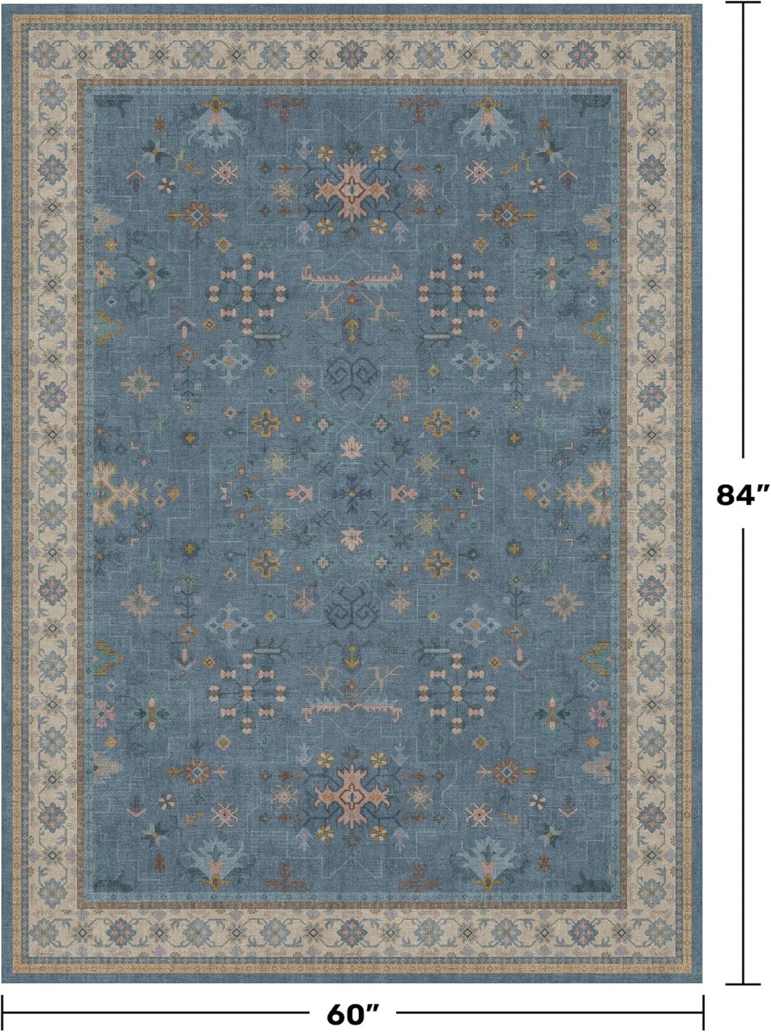 5x7 Rug for Living Room, Boho 5 x 7 Area Rugs Colorful Blue Modern Eclectic Low-Pile Carpet for Bedroom, Dining Table, Nursery, Washable Non-Slip with Rubber Back