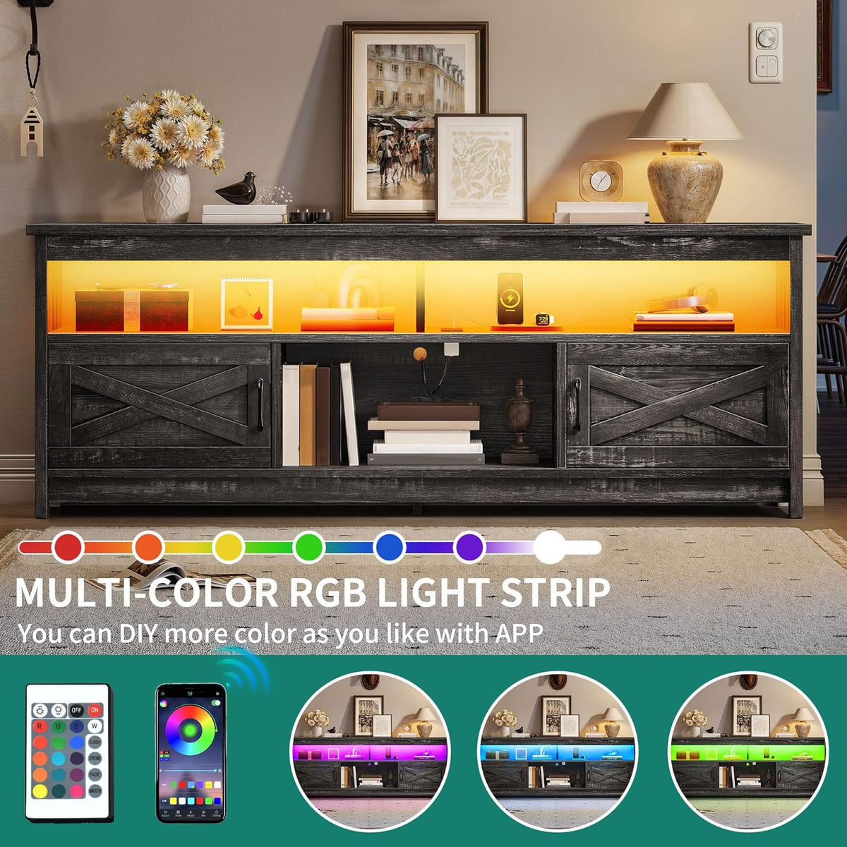 YITAHOME Farmhouse TV Stand for 65/75 Inch TV LED Entertainment Center Television Stand with Power Outlets and Open Shelf, Media Console TV Cabinet for Living Room, Dark Grey