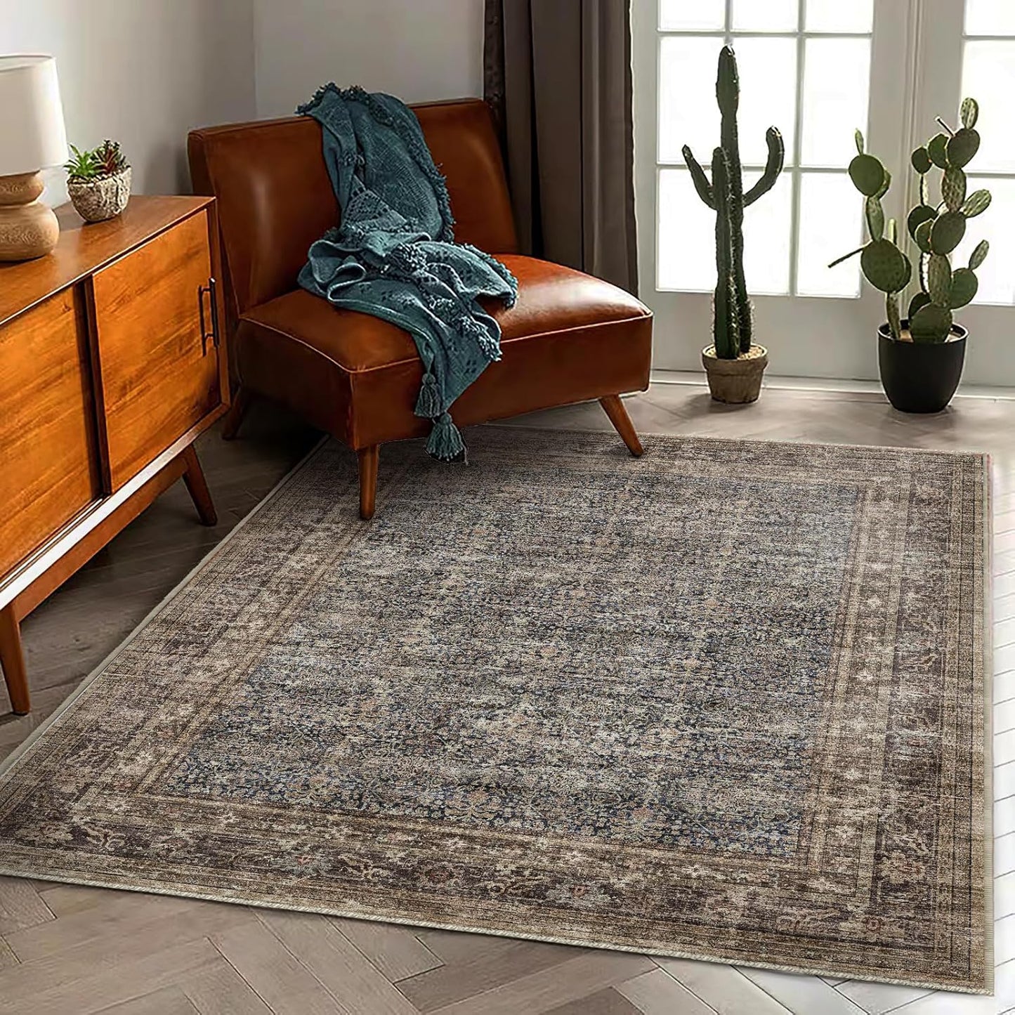 Area Rug 5'x7' Washable Rug Traditional Floor Cover Thin Retro Kitchen Indoor Distressed Non Slip Carpet for Living Room Bedroom Dining Room