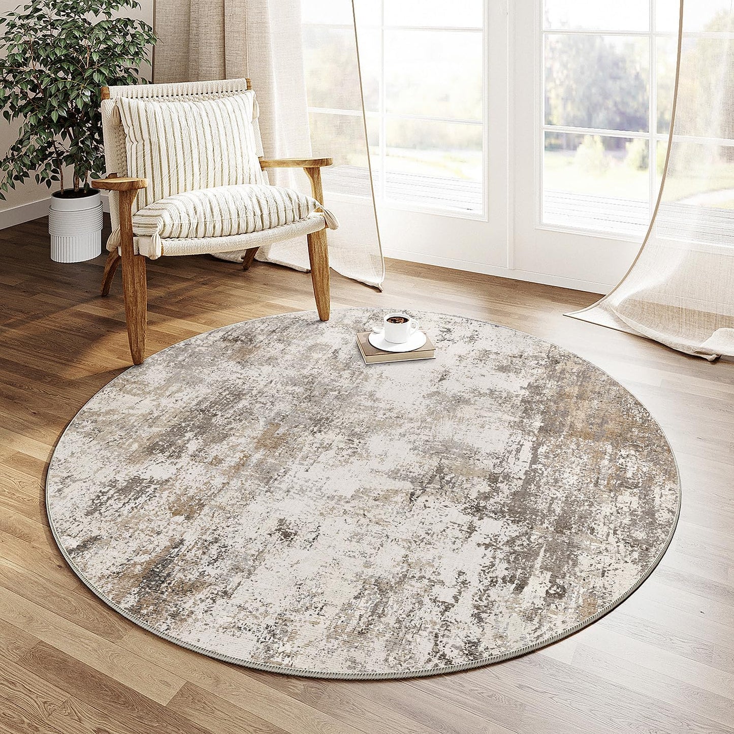 6x6 Washable Round Rug Brown Grey Neutral Abstract Living Room Bedroom Area Rug Non Slip Soft Low Pile Indoor Floor Carpet for Office Dining Room Kitchen Entryway