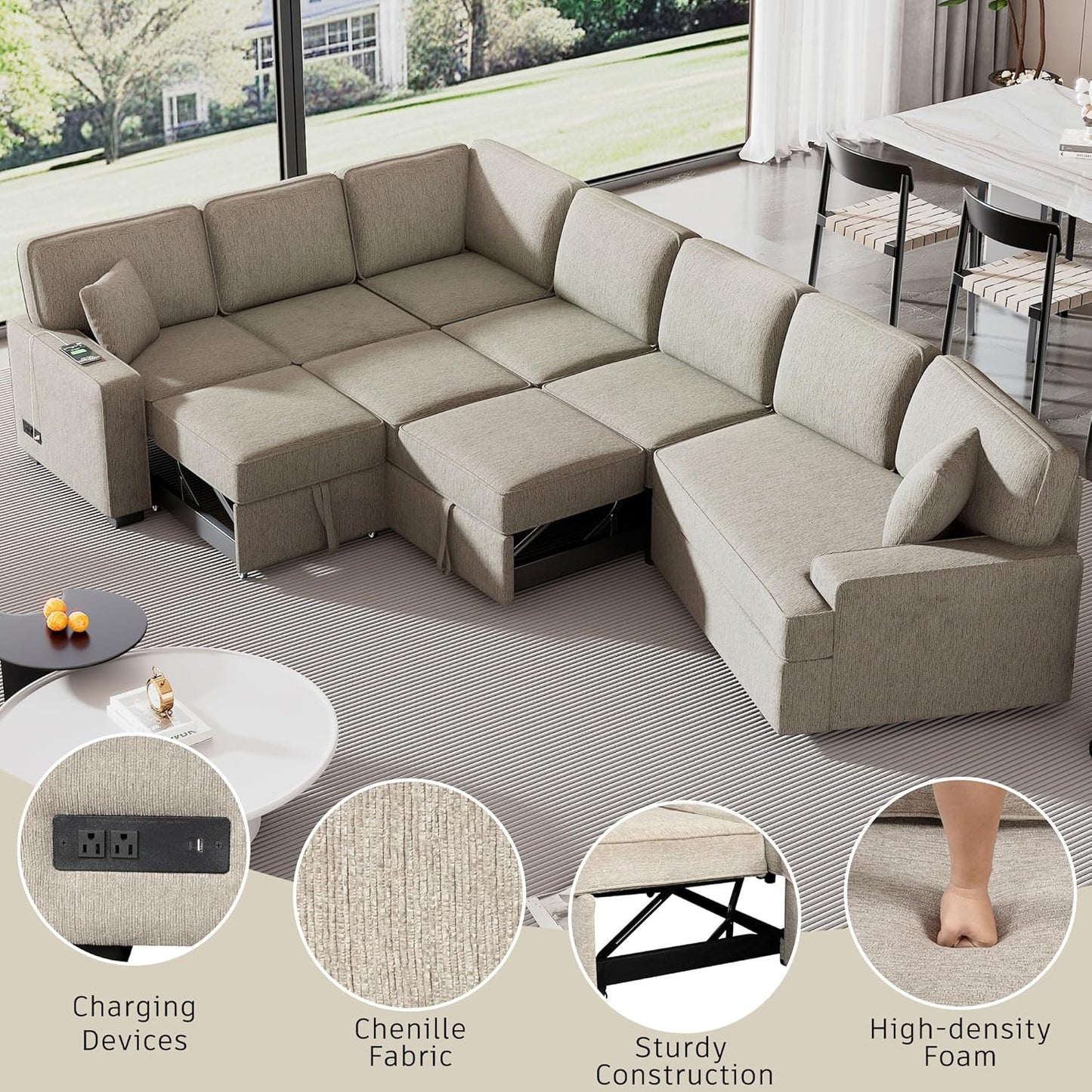 126" Extra Large Pull-Out Sofa Bed with Drop-Down Cup Holder Tables,L-Shaped Sectional Cozy Couch W/Charging Device,Convenient Sleeper Furniture Set for LivingRoom Apartment,Black Chenille