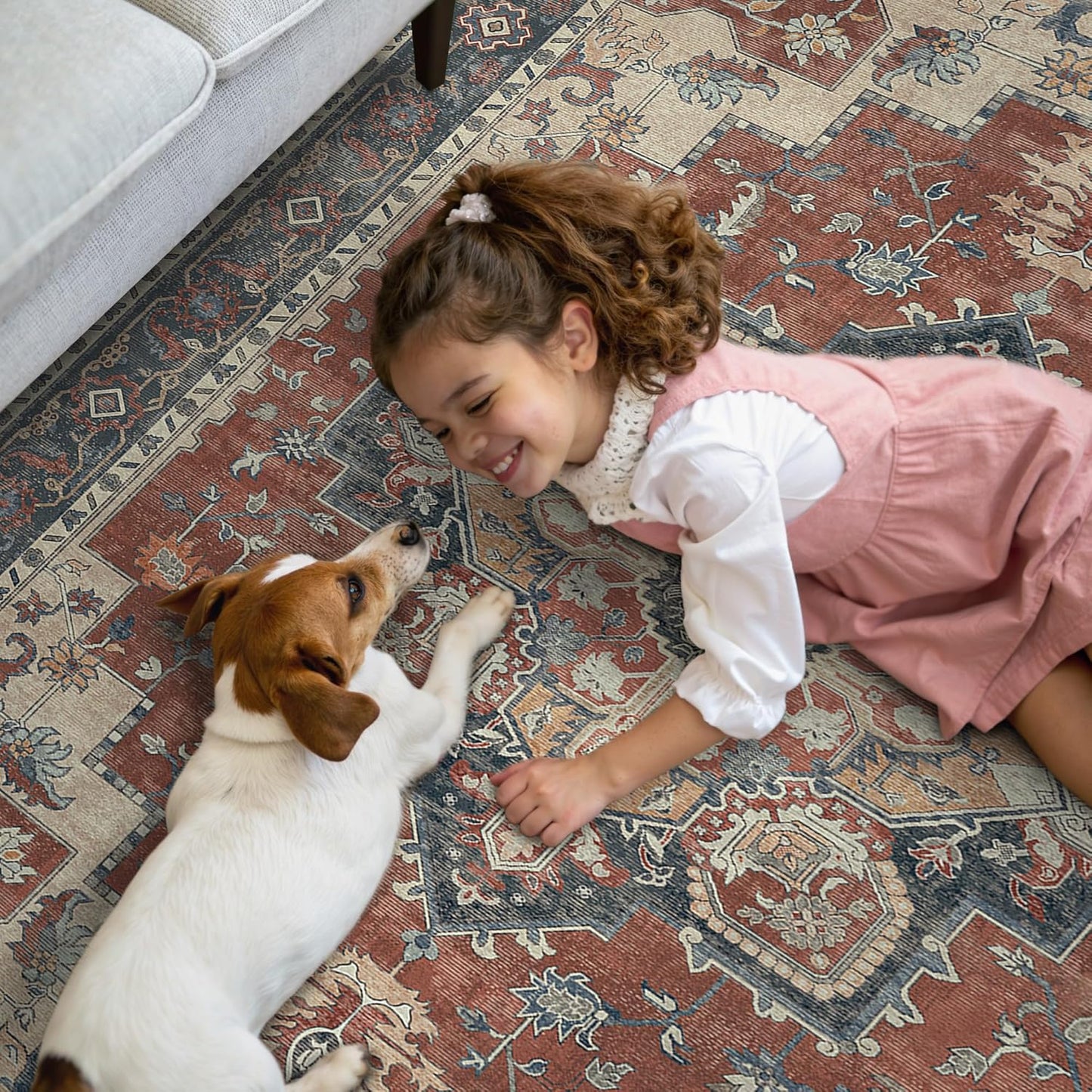 GENIMO 5x7 Area Rugs for Living Room, Machine Washable Non Slip Vintage Rugs, Low Pile Lightweight Chenille Print Rug for Bedroom, Dining Room, Home Office,Bordeaux