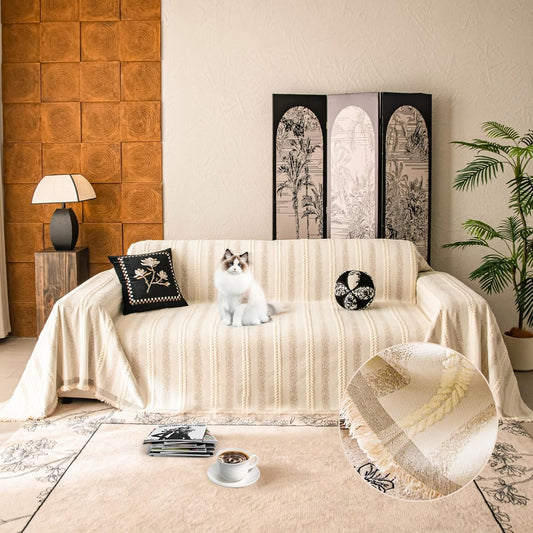 Couch Cover for Dogs Washable Sofa Cover, Sectional Couch Covers, Sofa Covers for 2 Cushion Couch, Non Slip Stripe Sofa Slipcovers Furniture Protector, Couch Protector from Cat Claws, Beige,75''x118''