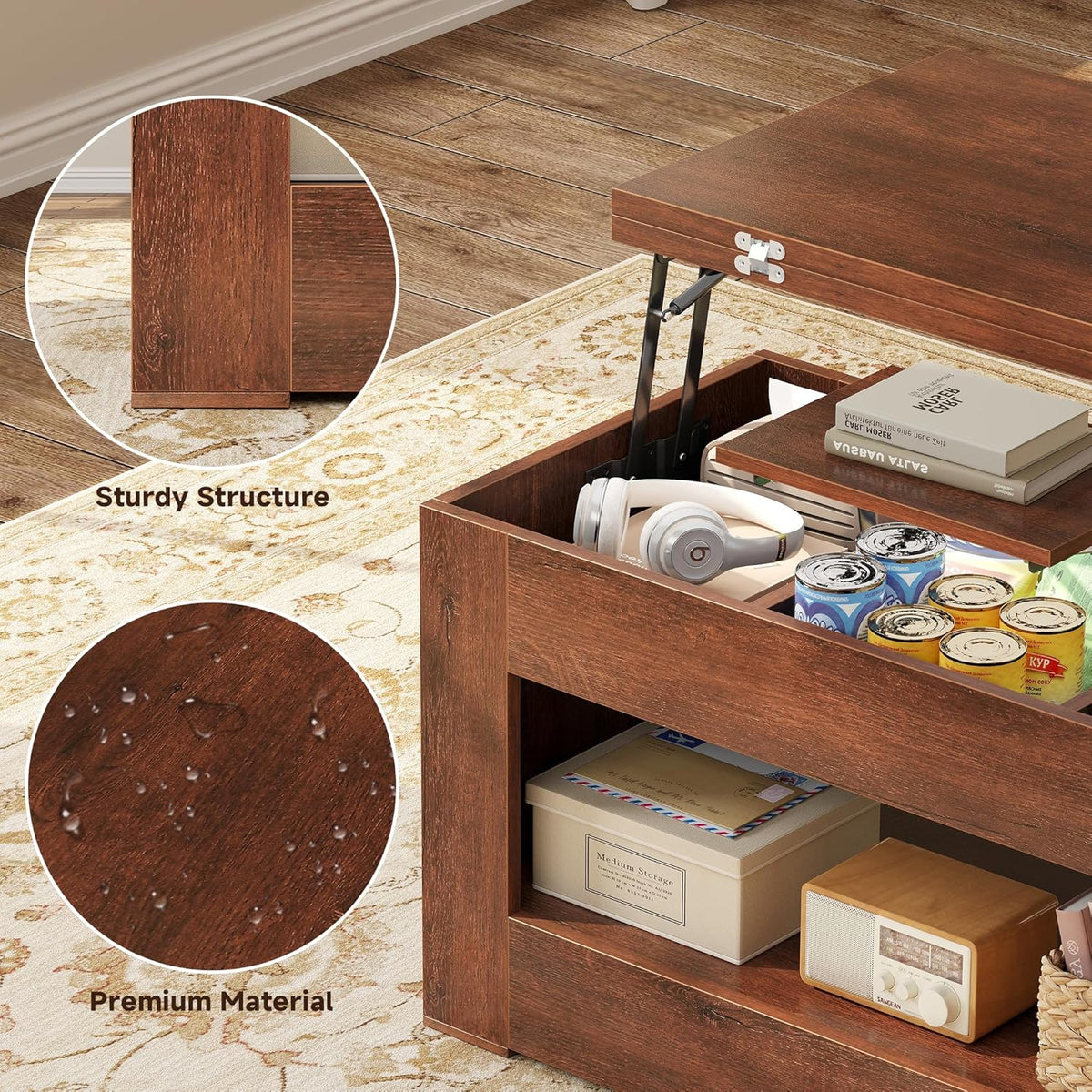 40" Lift Top Coffee Table, 4 in 1 Multi-Function Lift Coffee Table with Storage and Hidden Compartment, Convertible Coffee Tables to Dining Table for Living Room, Walnut