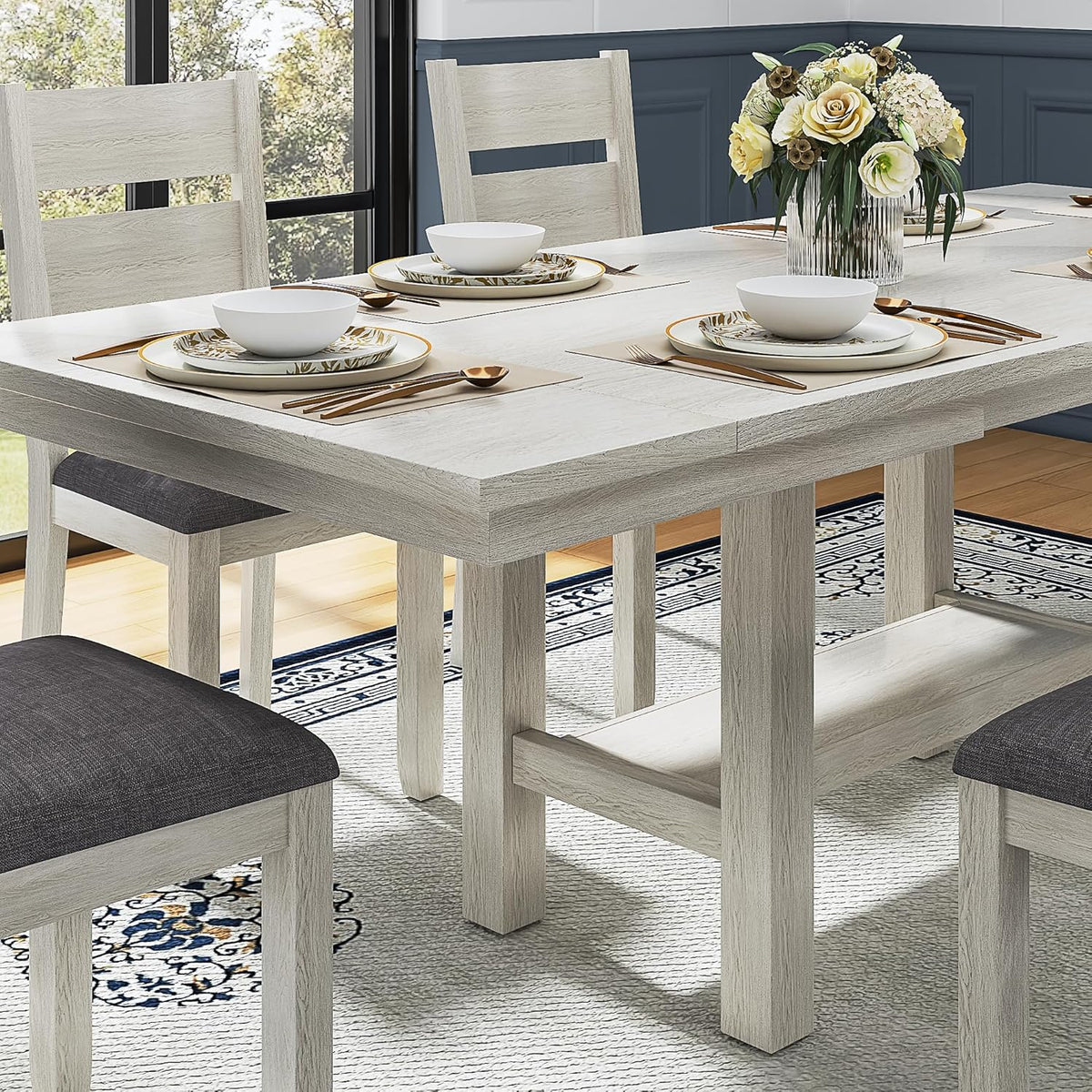 6-Piece Solid Wood Dining Table Set for 6, Extendable Table with 4 Upholstered Chairs and 1 Bench– Easy Assembly for Indoor Use, Kitchen, Dining Room, Grey