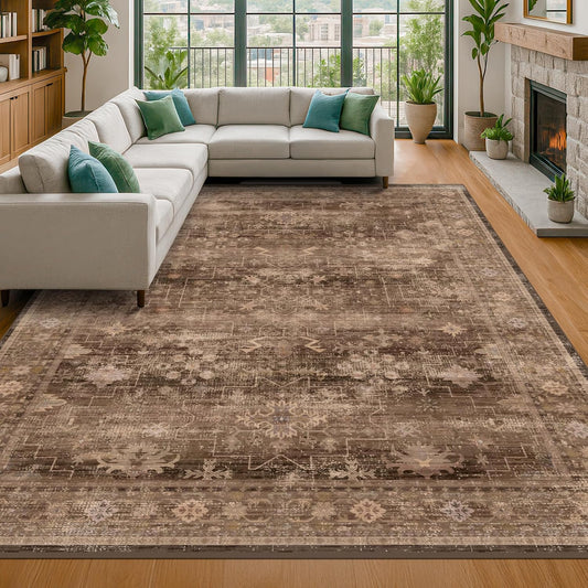 Brown 9x12 Living Room Rug - Vintage Western Eclectic Unique Neutral Taupe, Washable Low Pile Non-Slip Large Area Rugs for Dining Under Table Bedroom Under Bed