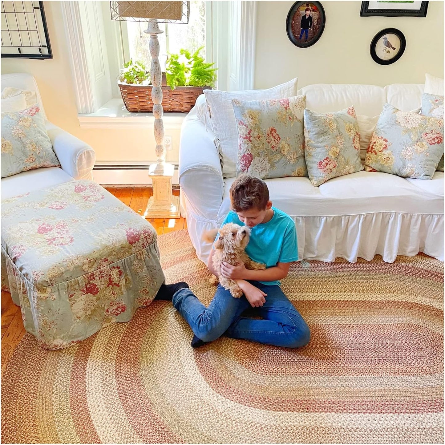 Homespice Harvest Premium Jute Braided Area Rug, 5' x 8' Oval Beige - Tan - Red - Sage - Green, Reversible, Natural Jute Yarn Rustic, Country, Primitive, Farmhouse Style - 30 Day Risk Free Purchase
