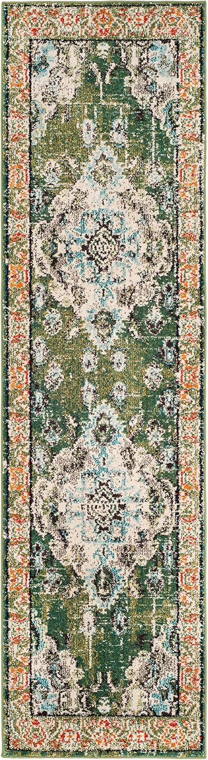 SAFAVIEH Monaco Collection Runner Rug - 2'2" x 16', Forest Green & Light Blue, Medallion Distressed Design, Non-Shedding & Easy Care, Ideal for High Traffic Areas in Living Room, Bedroom (MNC243F)