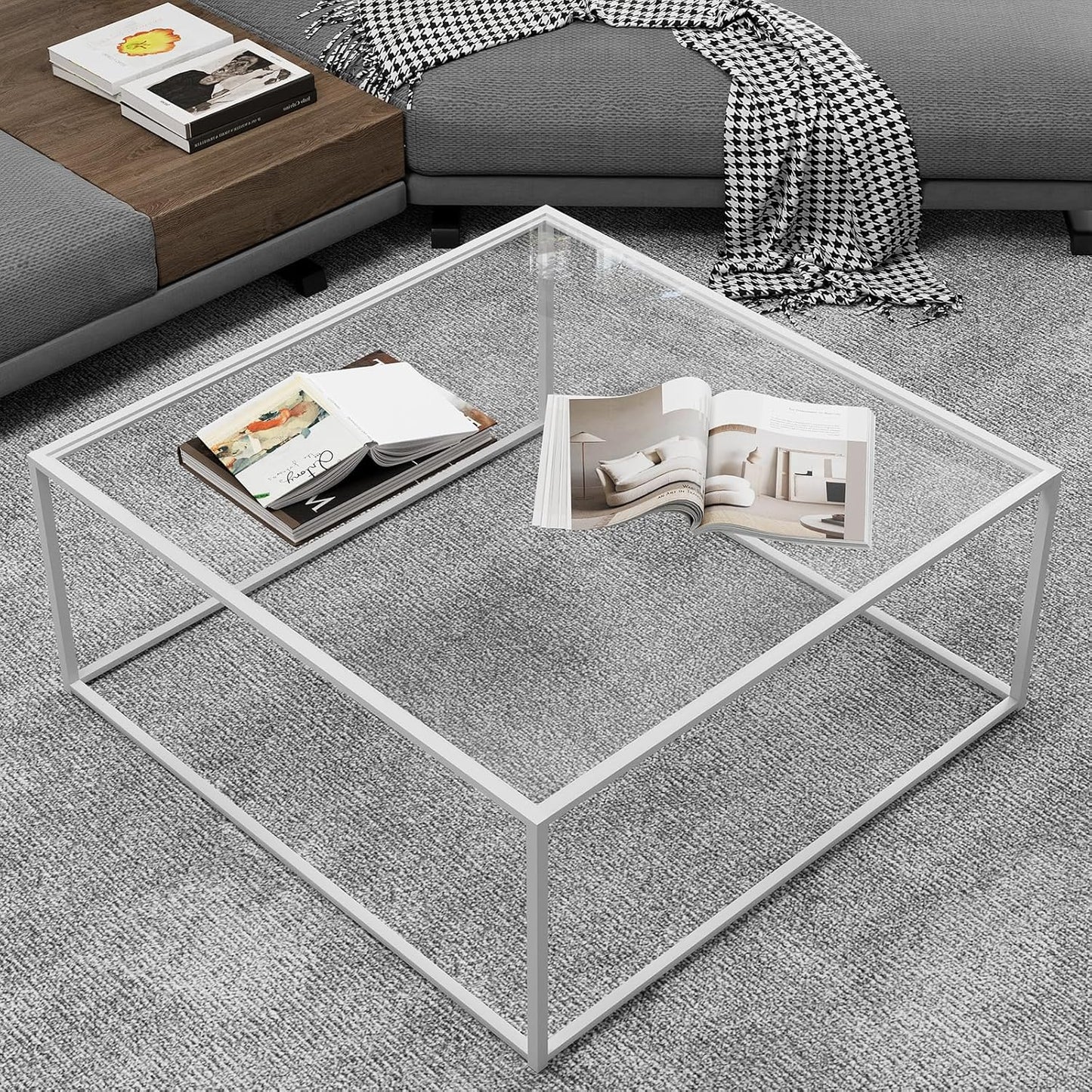 Glass Coffee Table Square Coffee Table for Small Space,Modern Minimalist Center Table for Living Room Home Office,Tempered Glass-top with Sturdy Metal Frame,Easy Assembly,27 x 27In, White