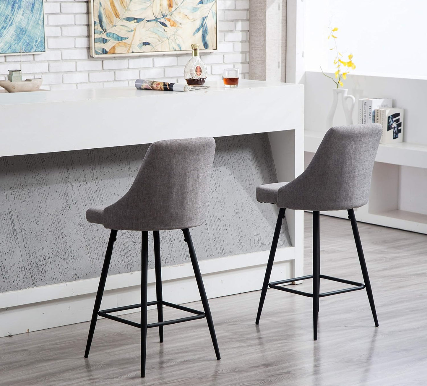 BTEXPERT Set of 2 Pack, Premium upholstered Dining 25" Seat Height High Back Bar Stool Chairs, Gray Polyester