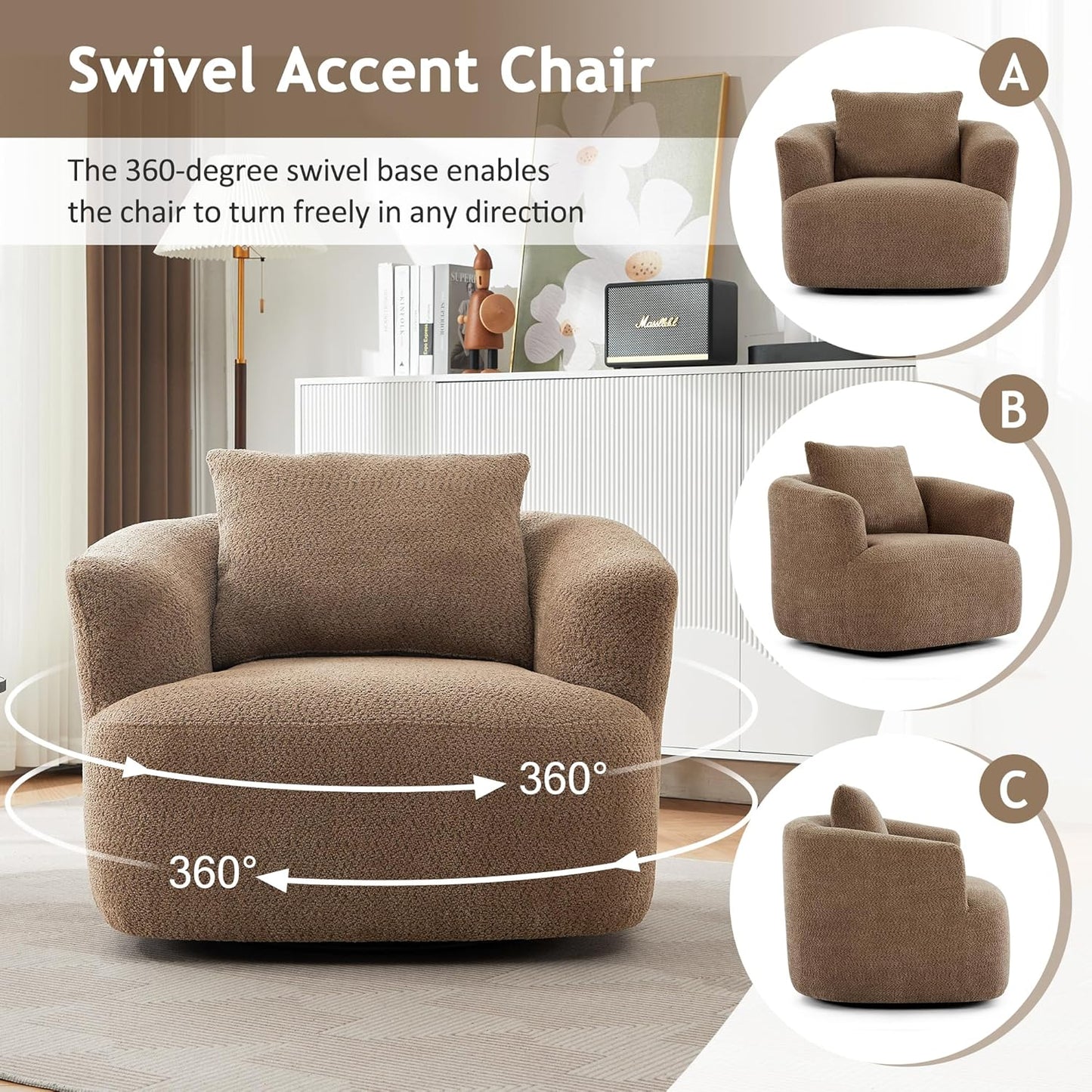 Merax Modern Cozy Chenille 360° Swivel Sofa Chair with a Throw Pillow, 38.2" Upholstered Leisure Barrel Accent Armchair with Deep Seating for Living Room Bedroom,Office, Hotel, Dark Brown